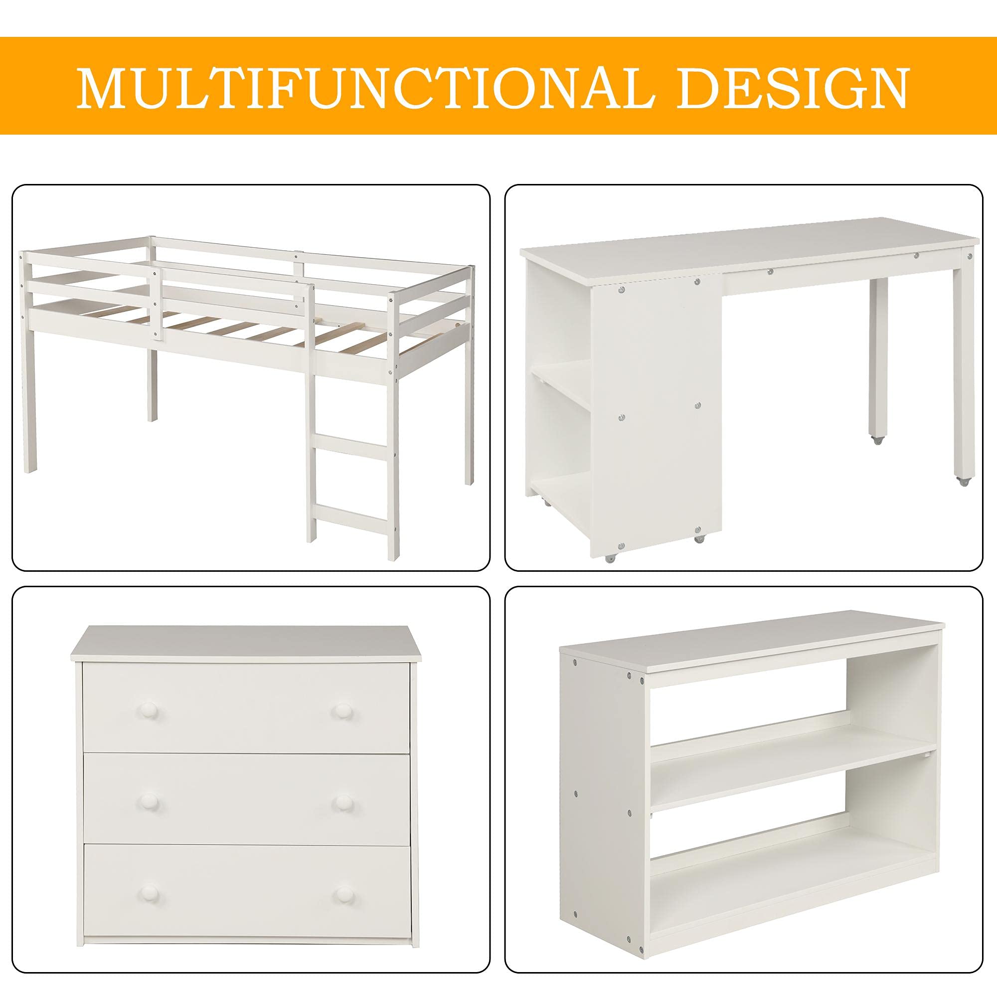 JINS&VICO Twin Loft Bed with Storage Cabinet & Rolling Desk - Wooden Study Loft Bed Frame with Shelves for Teens, Boys & Girls - No Box Spring Needed - White (78.4