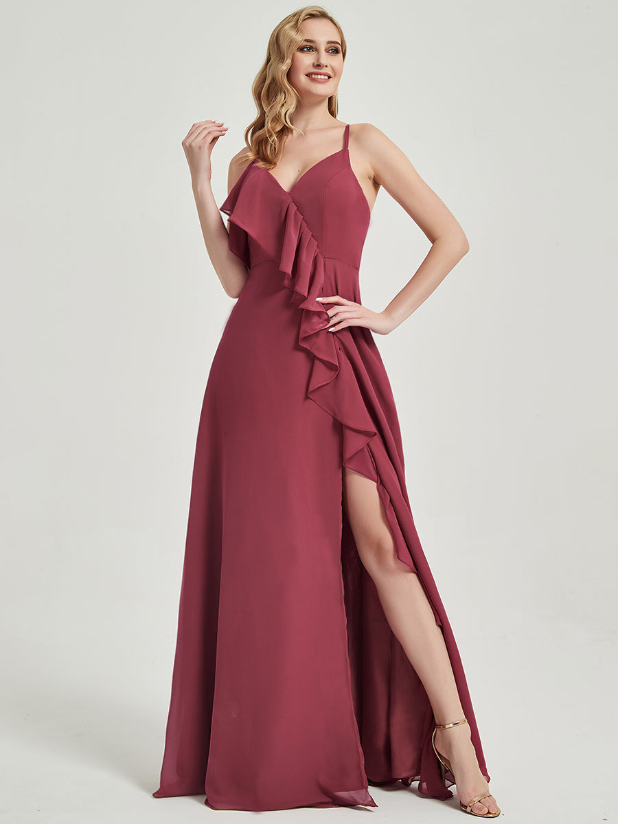 Elegant Cinnamon Rose Chiffon Bridesmaid Dress with Criss-Cross Straps, Ruffles & High Slit - Perfect for Weddings, Formal Events & Special Occasions