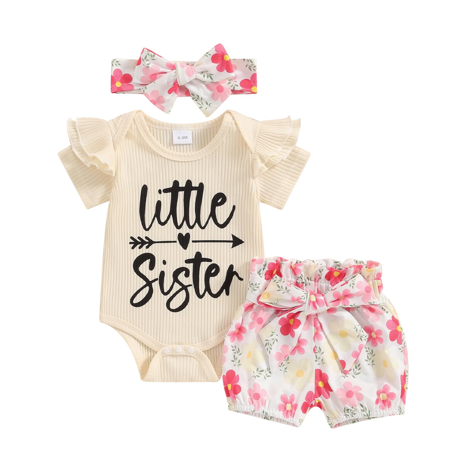 Newborn Baby Girl Outfits - Short Sleeve Ribbed Romper with Floral Shorts & Headband - Cute Auntie's Bestie Gift Set for Photoshoot, Birthday & Special Occasions
