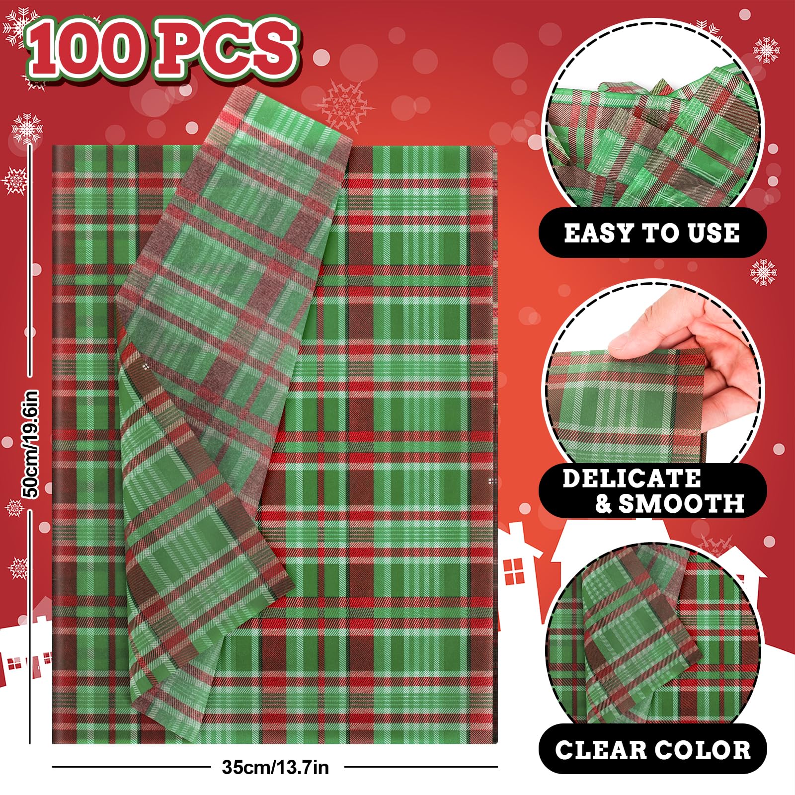 Whaline 100 Sheets Christmas Plaid Tissue Paper - Red & Green Buffalo Check Gift Wrapping Paper for Xmas, Birthday, Wedding, Holiday Presents (13.7 x 19.6 Inch) - Perfect for DIY Crafts, Party Decorations, and Festive Gift Packaging