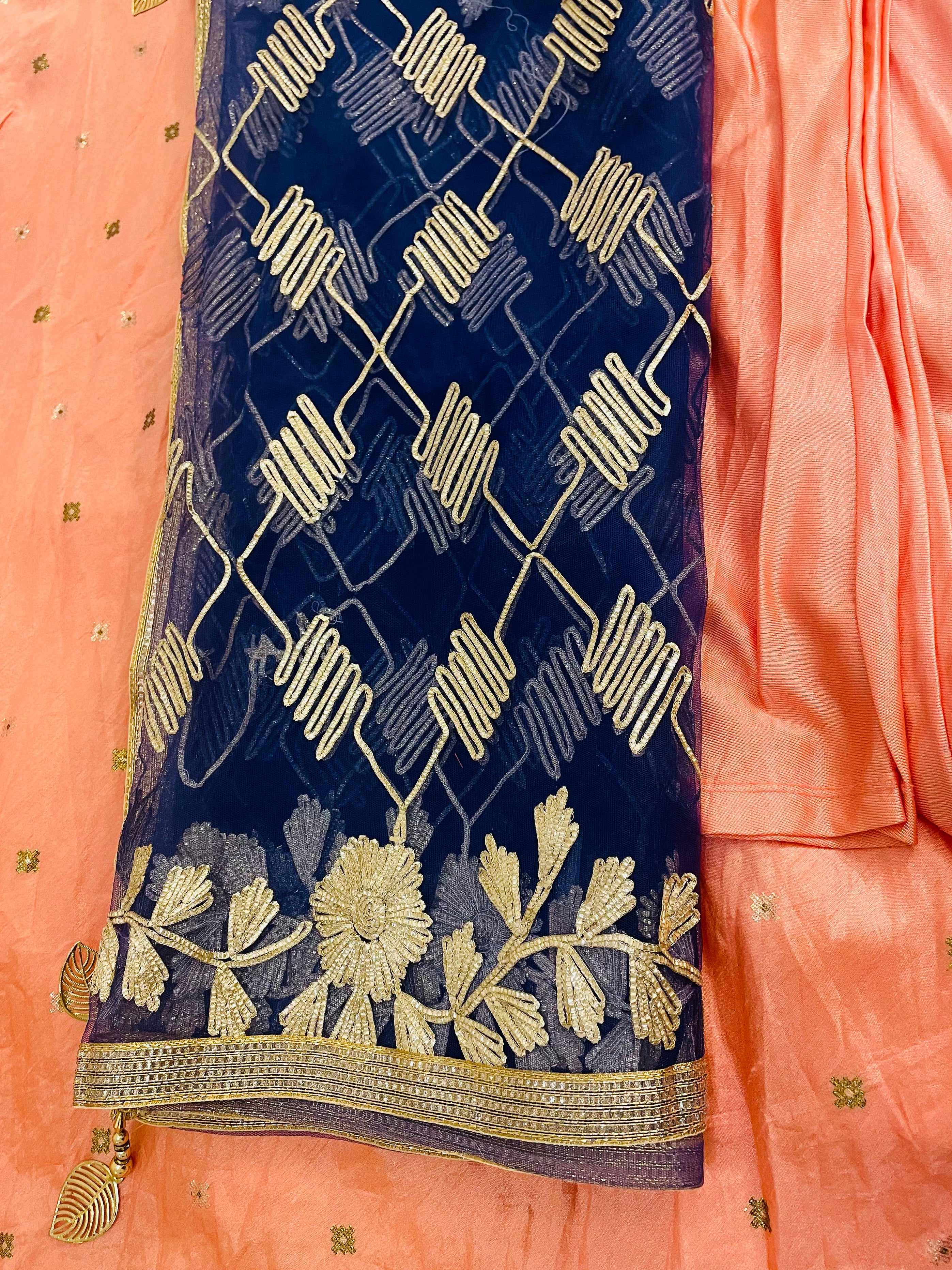 Elegant Peach Color Suit Set with Blue Dupatta & Matching Bottom - Perfect for Weddings, Parties & Festive Occasions