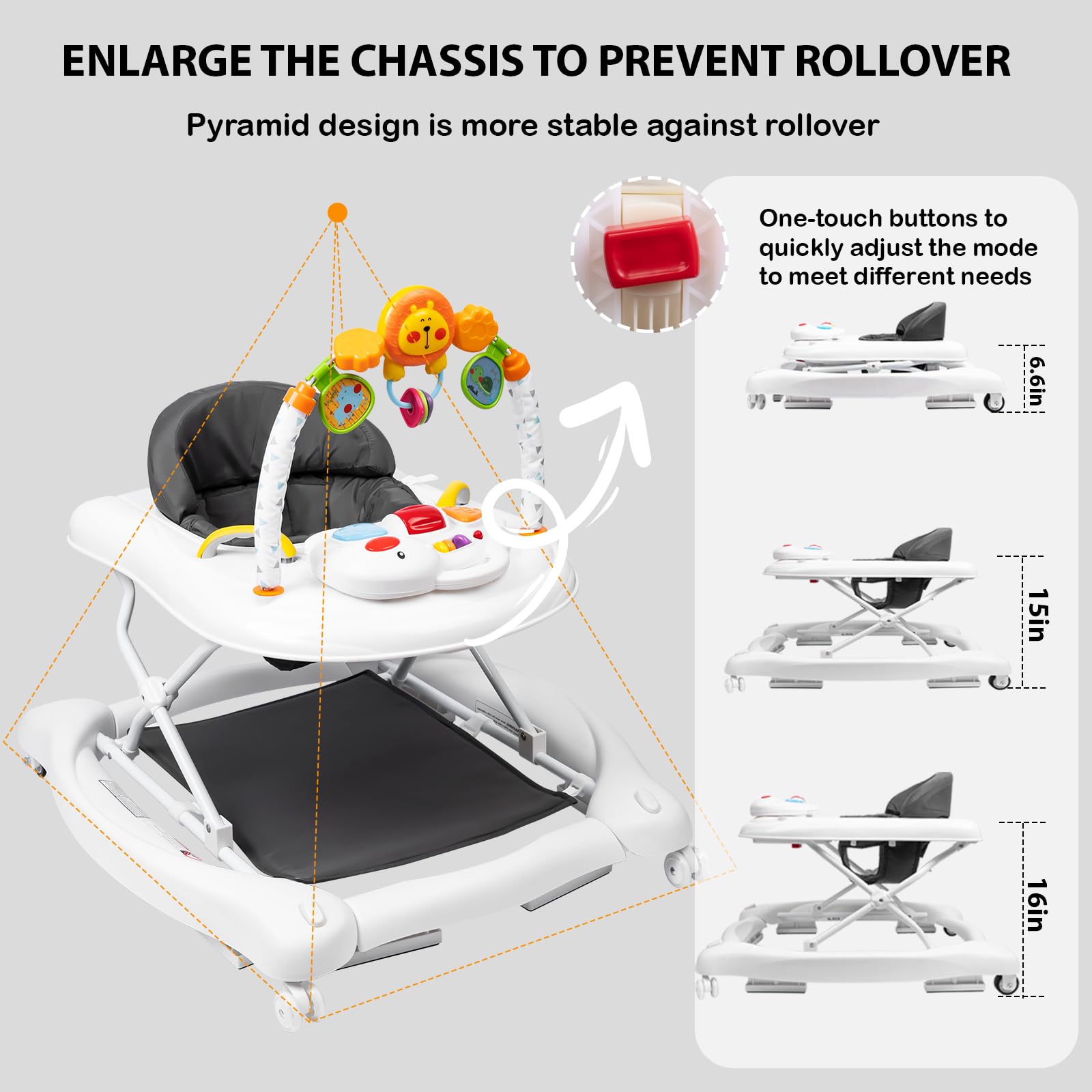 5-in-1 Baby Walker for Boys & Girls 6-18 Months | Foldable Activity Walker with Adjustable Height, Removable Footrest & Feeding Tray | Toddler Walker with Bouncer & Music | Perfect for Learning to Walk, Playtime & Mealtime at Home