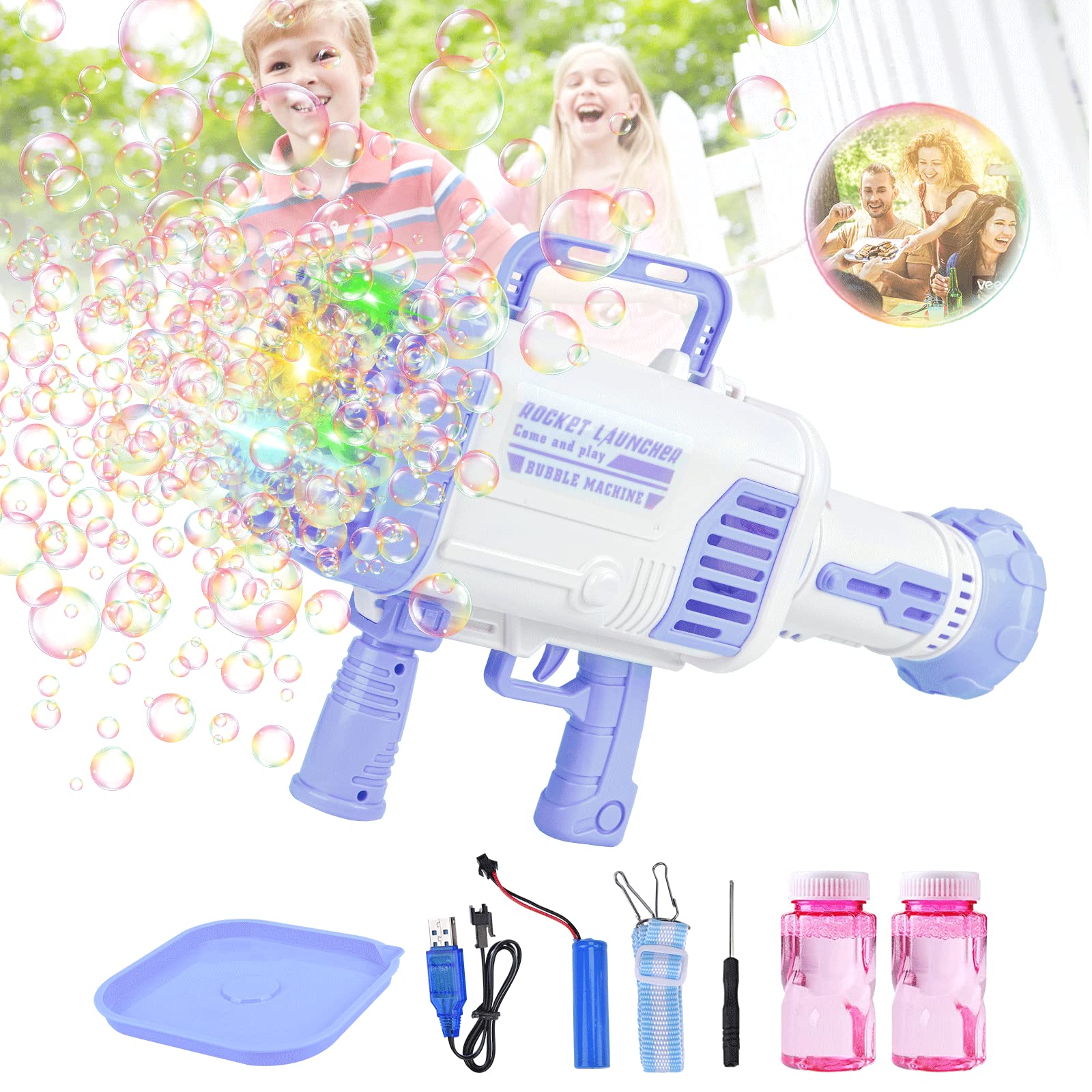Horatii Bubble Machine Gun - 64 Holes Rocket Launcher Bubble Maker with 2 Bubble Solutions | Fun TikTok Bubble Blower Toy for Kids & Adults | Perfect for Birthday Parties, Summer Outdoor Activities & Indoor Play