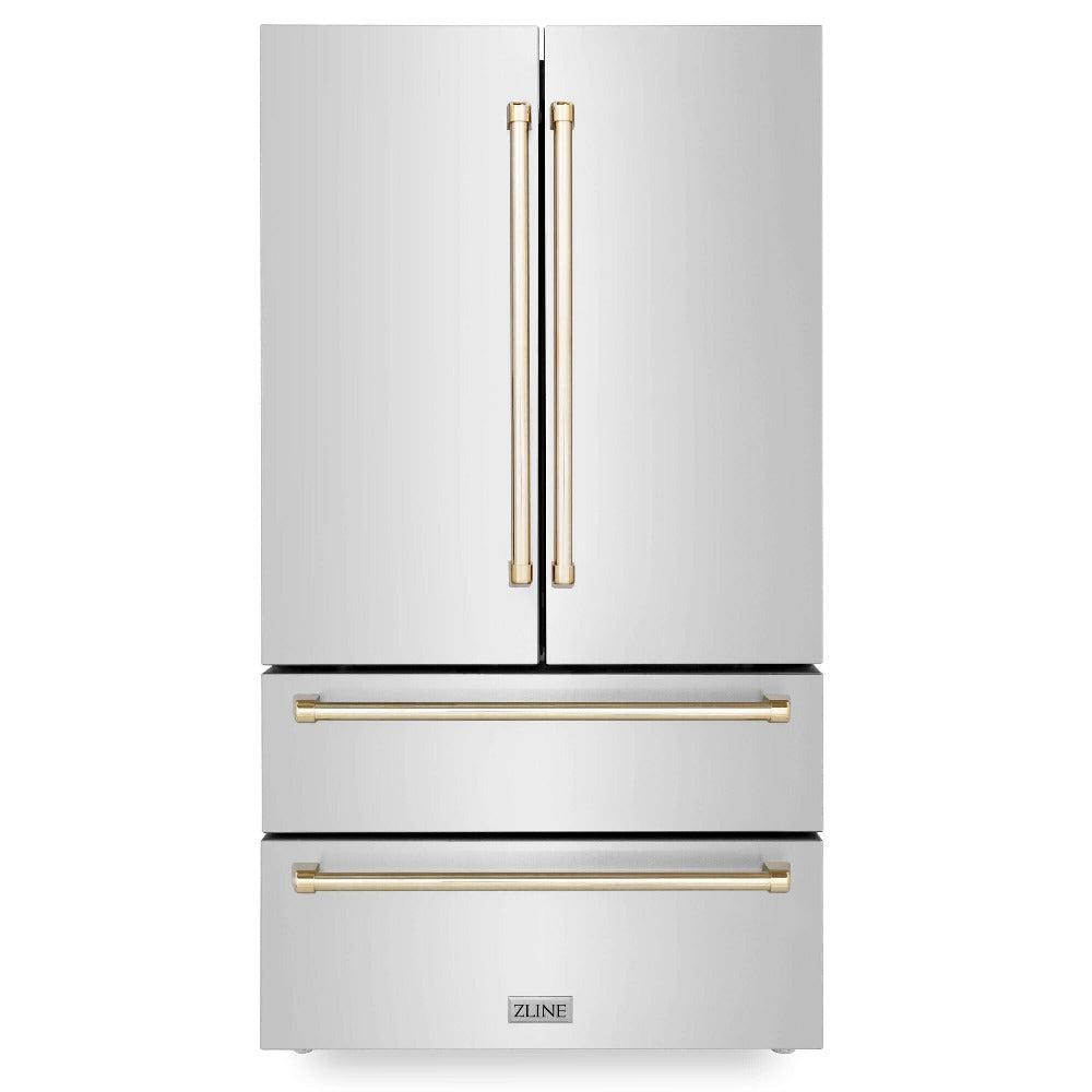 ZLINE Autograph Edition 36 Inch Counter Depth French Door Refrigerator - 22.5 cu ft Capacity with Ice Maker, Fingerprint Resistant Stainless Steel & Polished Gold Handles (RFMZ 36 G) - Perfect for Modern Kitchens & Open Concept Homes