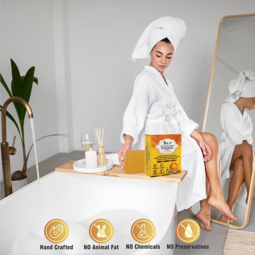 WELLMEE Anti-Bacterial Turmeric Handmade Soap with Coconut Oil & Olive Oil - Natural Brightening, Acne Treatment & Scar Healing Soap (100g) - Perfect for Daily Skincare & Wound Care