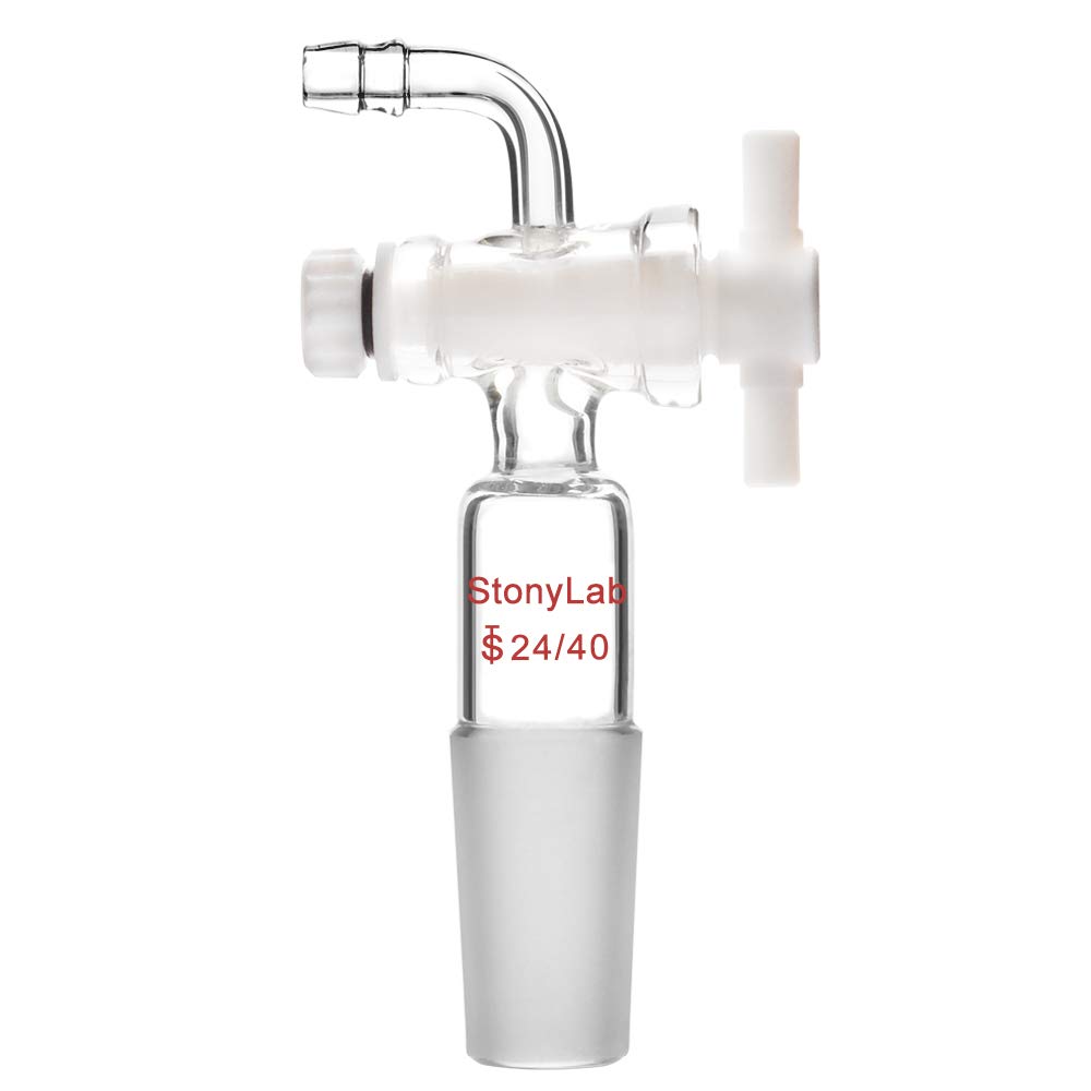 StonyLab PTFE Stopcock Vacuum Flow Control Adapter with 24/40 Joint & Bent Hose Connector - Perfect for Laboratory Vacuum Systems, Distillation Setups & Chemical Experiments