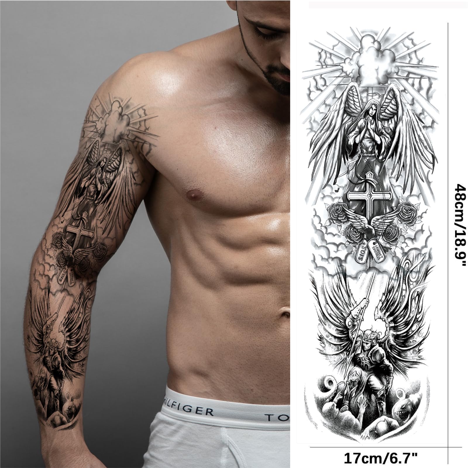 Religious Temporary Tattoo Sleeves for Men & Women - 4-Sheet Full Arm Christian Cross Tattoos with Jesus & God Designs + 4-Sheet Half Sleeve Praying Cross, Lion & Skull Fake Tattoos - Perfect for Church Events, Costume Parties & Body Art Enthusiasts