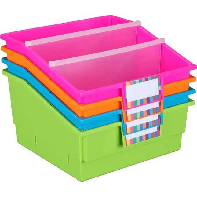Large Plastic Book and Organizer Bins with Dividers & Label Holders - 13.5