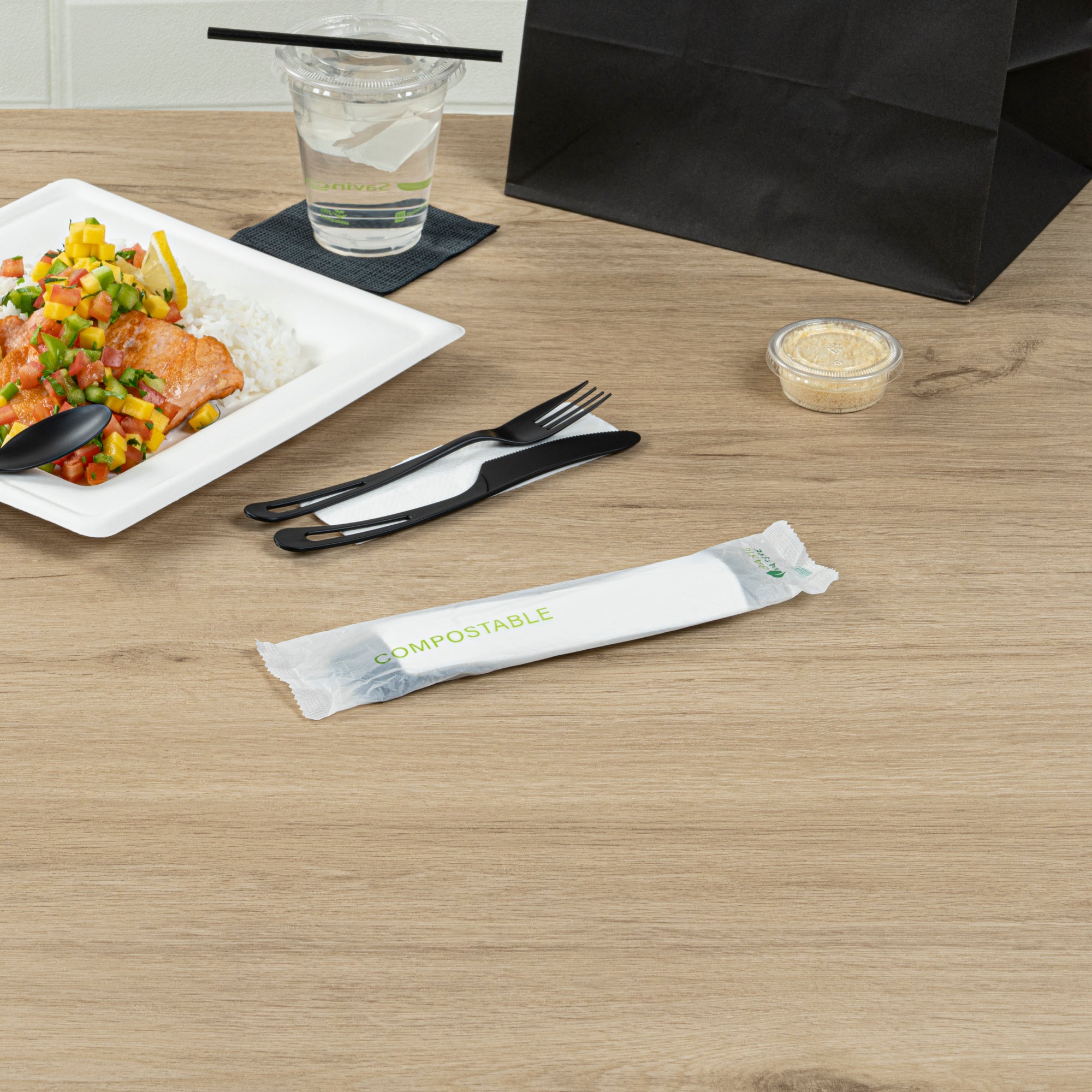 Eco-Friendly Black CPLA Plastic Cutlery Set - 100-Piece Compostable Cutlery with Wrappers & White Napkins | Heat-Resistant 7.5