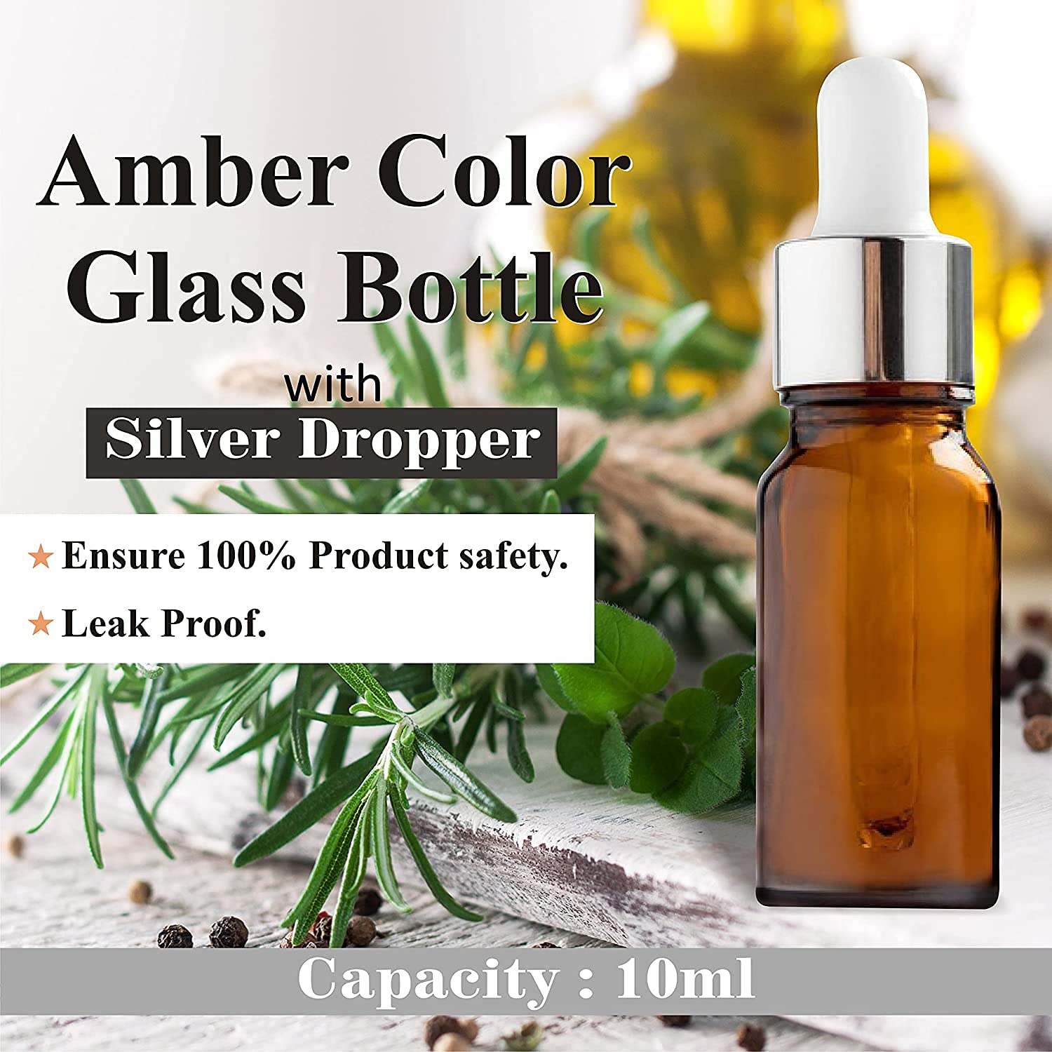 Premium 10ml Amber Glass Dropper Bottles with Silver Cap - Essential Oil Bottles, Perfume Bottles, DIY Skincare & Serum Storage - Pack of 5 for Home Spa, Aromatherapy & Beauty Routines