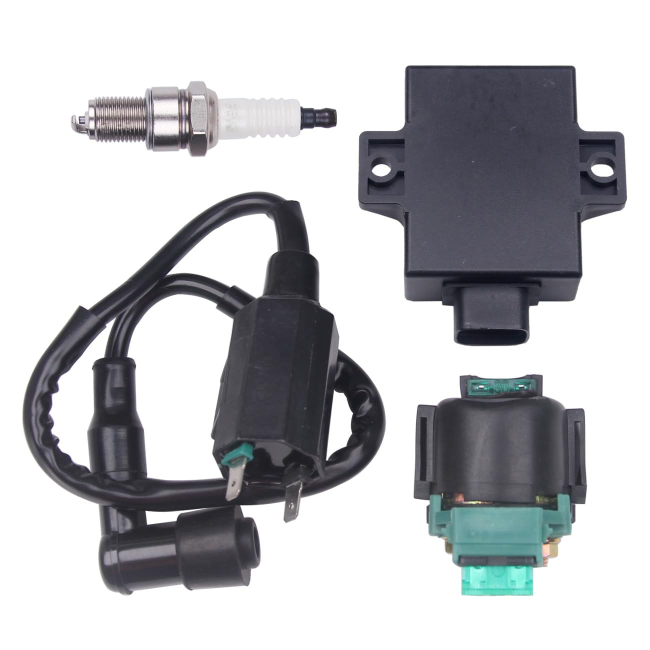 Kawasaki Bayou 220 250 KLF220 KLF250 Ignition Coil CDI Starter Solenoid Relay Spark Plug (1996-2011) - Replaces 21119-1457 21121-1160 92070-1019 21160-1085 27010-1254 - Perfect for ATV Repair & Off-Road Vehicle Maintenance