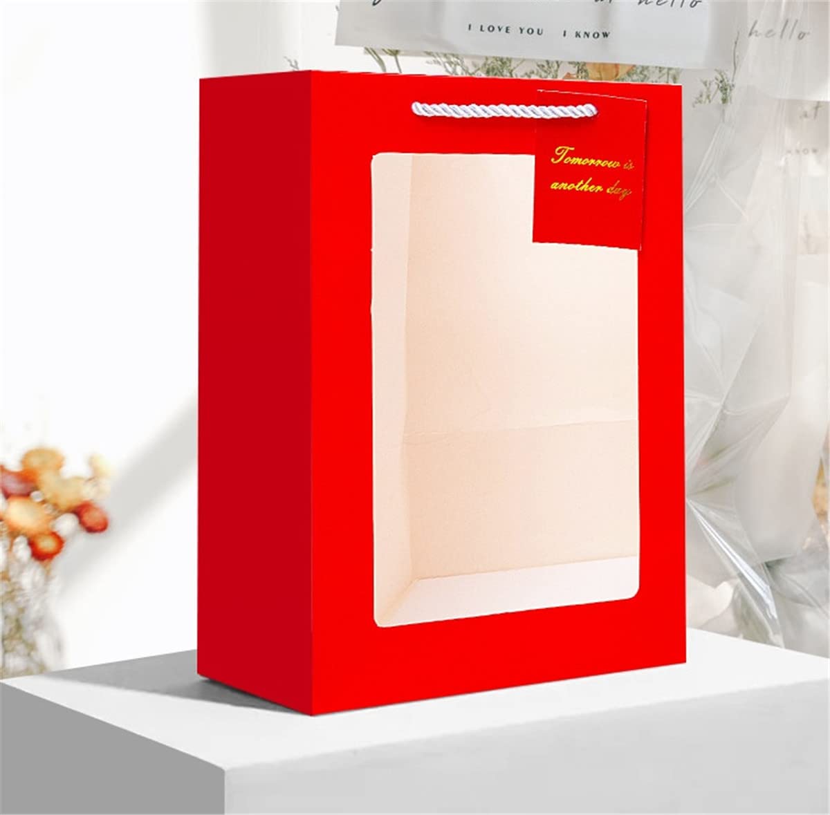 10-Pack Clear Gift Bags with Handles - Large Flower Bouquet Bags for Birthdays, Weddings, Baby Showers & Special Occasions | Perfect for Father's Day, Bridal Showers & Sweetest Day Gifts (Medium, Red)
