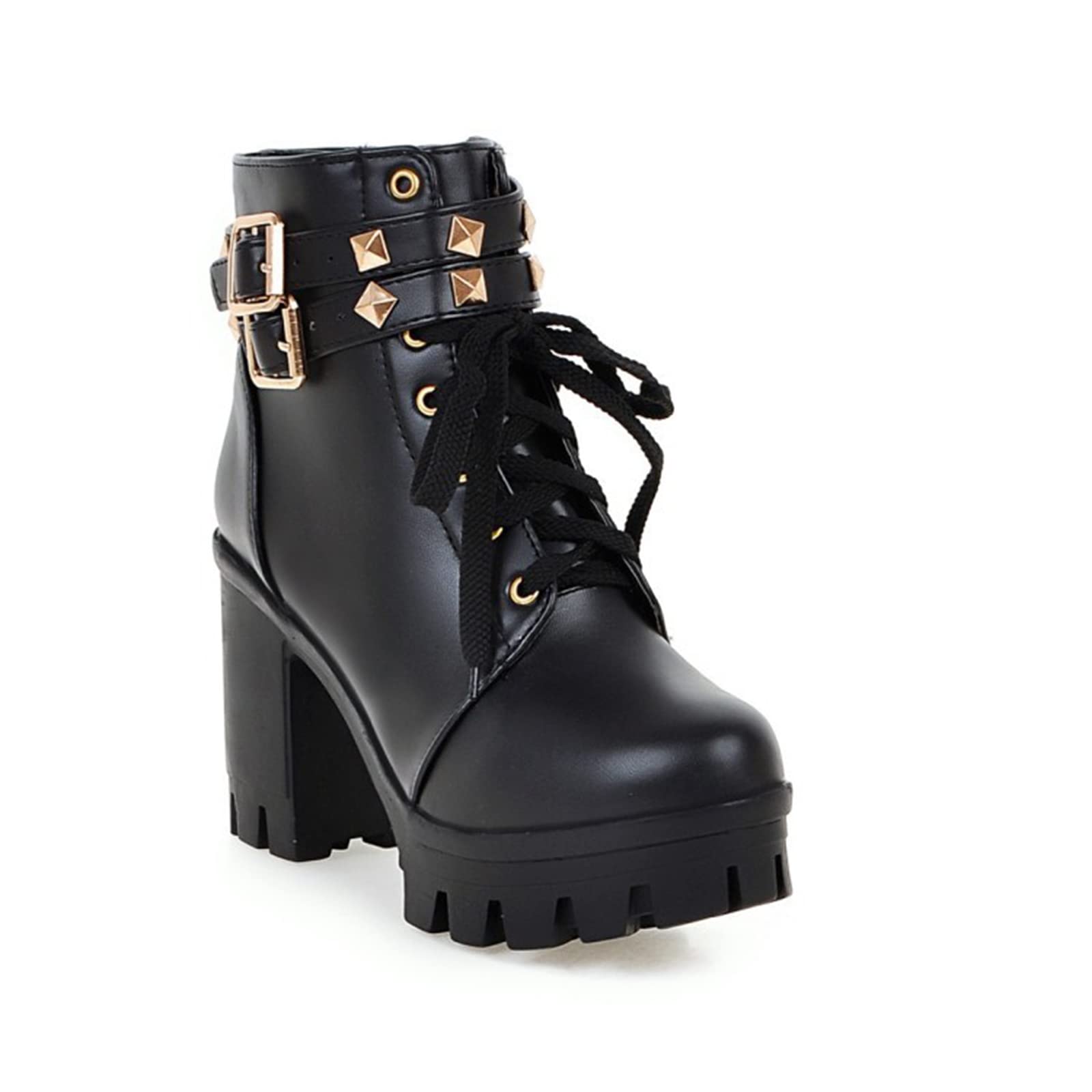 Women's Chunky Block Heel Combat Boots - Lace Up & Zip Ankle Booties with Buckle Detail | Round Toe Platform Winter Boots for Casual Outfits, Streetwear & Night Out