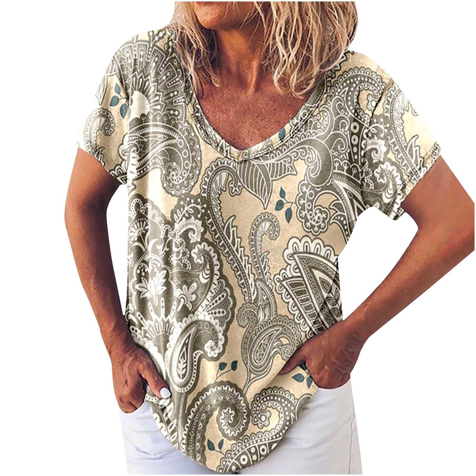 Women's Summer V-Neck Short Sleeve Tunic Top - Flowy Casual Printed Blouse for Beach, Vacation & Everyday Wear