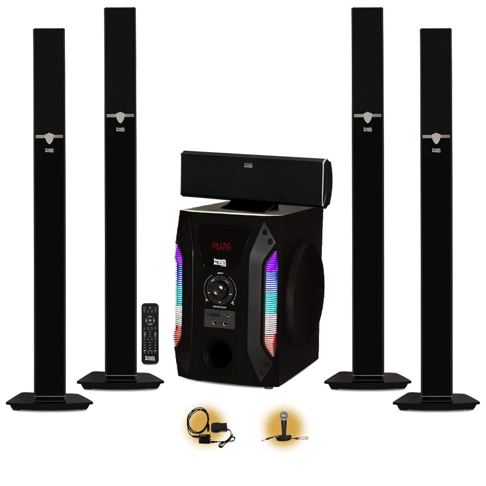 Acoustic Audio AAT1003 Bluetooth Tower 5.1 Speaker System with Optical Input & Mic - Perfect for Home Theater, Gaming & Karaoke Parties