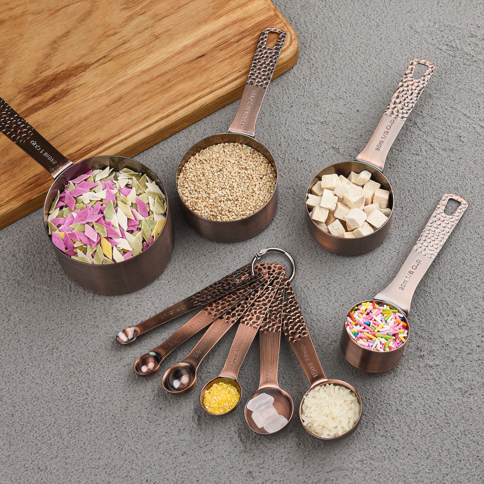 Premium 14-Piece Copper-Plated Measuring Cups and Spoons Set - 5 Measuring Cups & 6 Measuring Spoons with Leveler & Rings - Stainless Steel Kitchen Tools for Baking, Cooking & Meal Prep