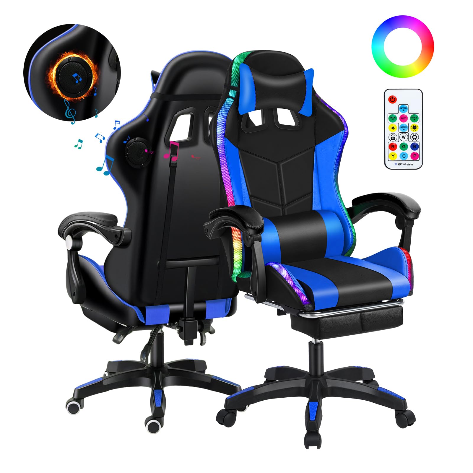 Premium Ergonomic Gaming Chair with Built-in Speakers & RGB LED Lights - Adjustable Height, Lumbar Support - Black & Blue - Perfect for PC Gaming, Streaming & Home Office Setup