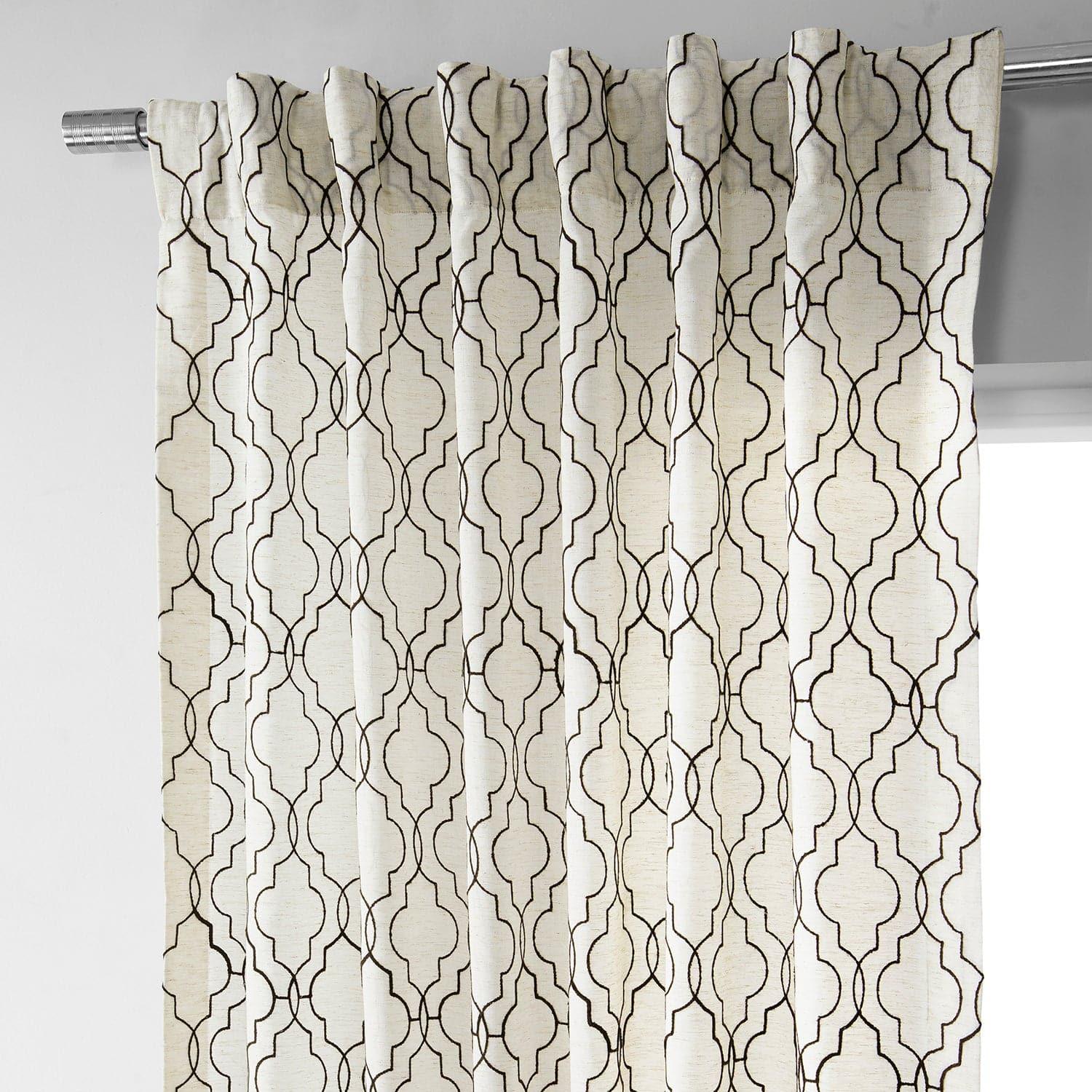 Saida Chocolate Embroidered Geometric Pattern Faux Linen Sheer Curtains - Elegant Window Treatment for Living Room, Bedroom & Dining Room