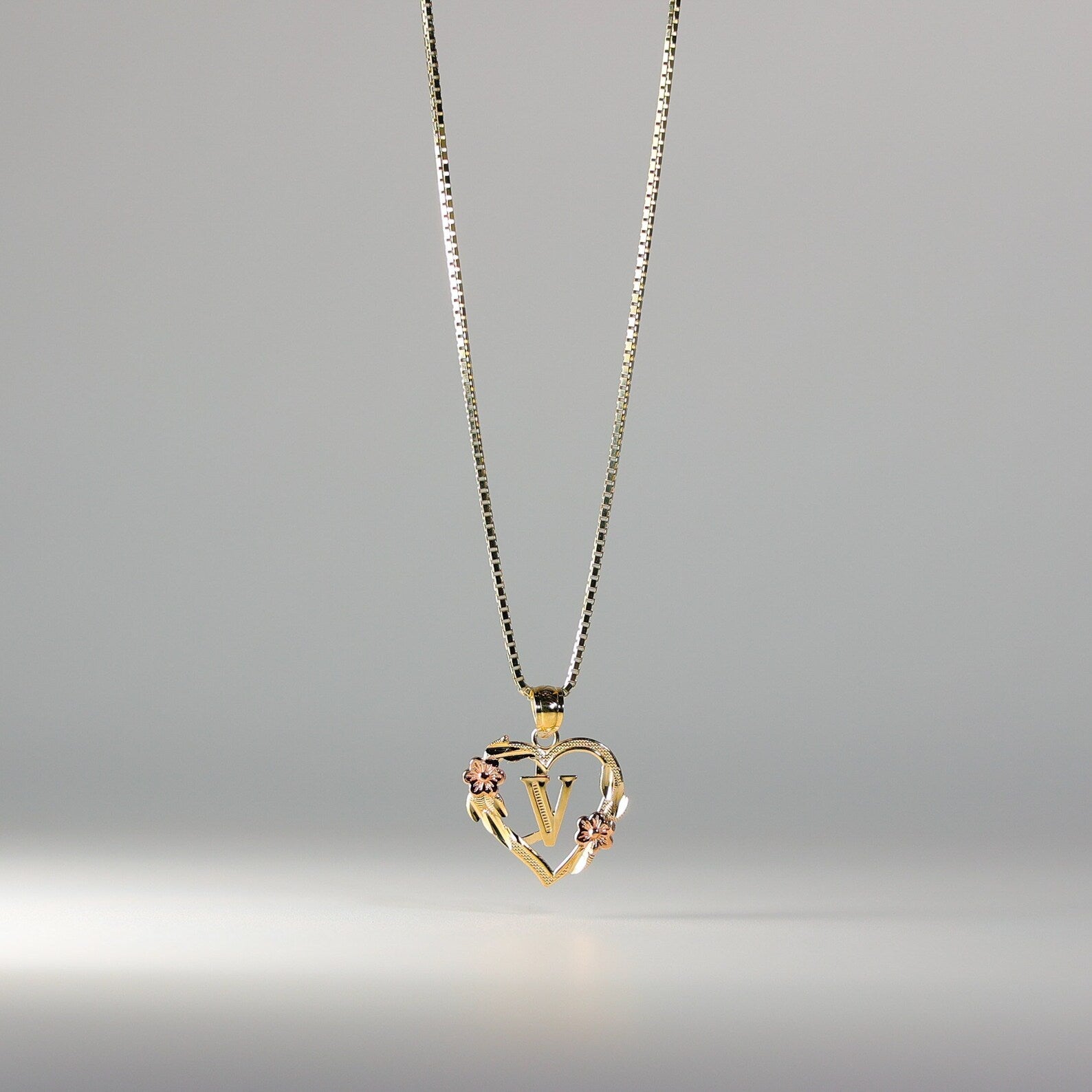 Gold Heart Letter V Pendant Necklace with Floral Design | Personalized A-Z Initial Jewelry for Women | Perfect Gift for Valentine's Day, Birthday & Anniversary