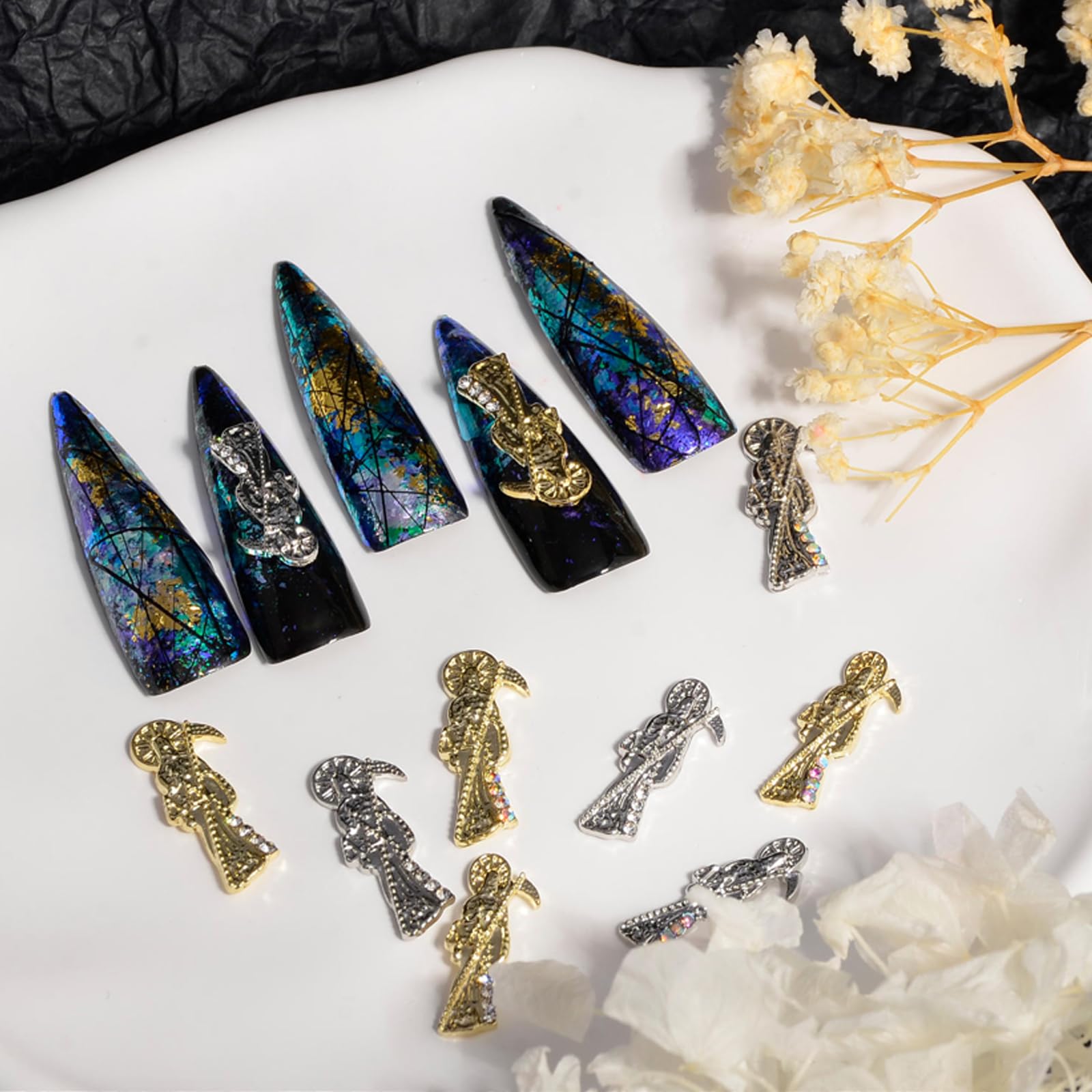 16PCS Santa Muerte Nail Charms - Gold & Silver Alloy Grim Reaper Nail Rhinestones for Acrylic Nails, Nail Art Gems & DIY Manicure Accessories | Perfect for Halloween, Gothic Nail Designs & Unique Nail Art Creations