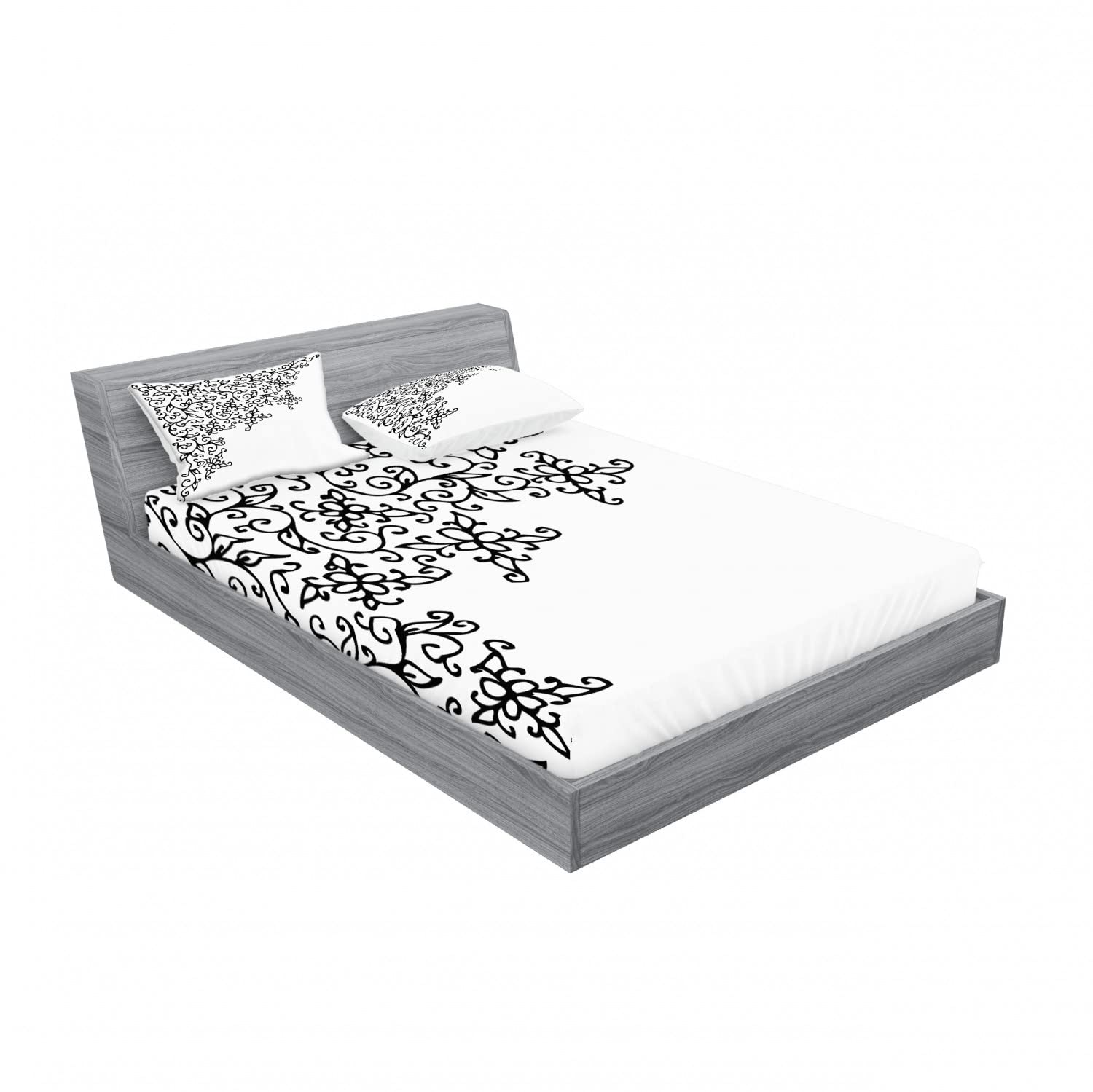 Ambesonne 2-Pack Queen Size Fitted Sheet & Pillow Sham Set - Floral Vignette Black White Abstract Design - 4 Piece Bedding Set (2 Fitted Sheets + 4 Pillow Covers) - Soft Wrinkle-Resistant Fabric - Perfect for Master Bedroom, Guest Room & Vacation Homes