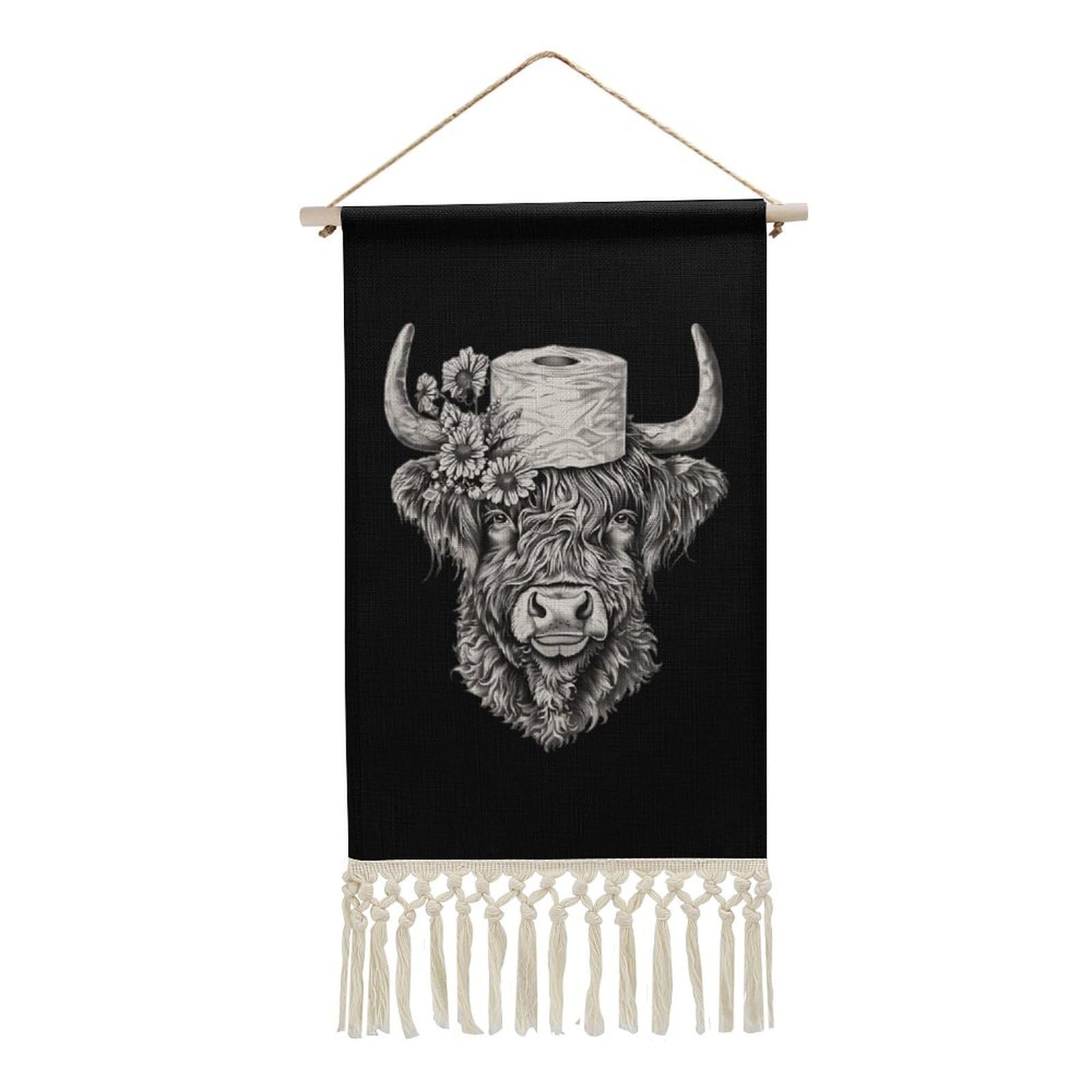 Funny Highland Cow with Toilet Paper Wall Art - 10x20 Inch Cotton Linen Hanging Poster for Home & Office Decor - Perfect for Bathroom, Living Room or Gift Idea