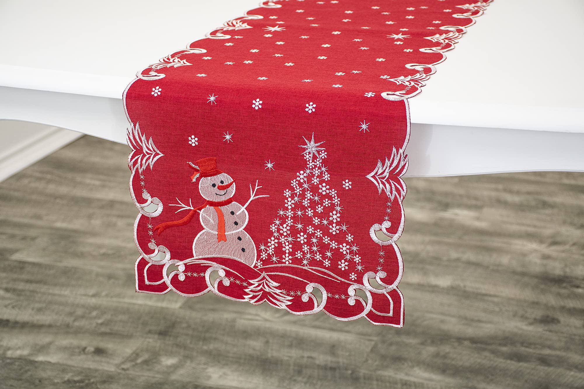 Elegant Silver Star Topped Trees & Snowman Red Table Runner - 15x51 Inch Holiday Decor for Dining Table, Coffee Table, Dresser, or Buffet - Perfect for Christmas, Winter Decorations & Festive Home Styling