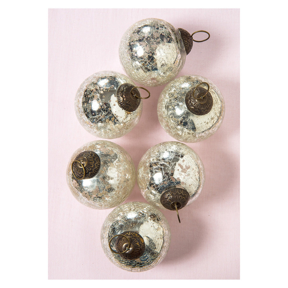 6 Pack Large Mercury Glass Ball Ornaments (3 Inch, Silver, Vintage Lana Ball Design) - Elegant Christmas Tree Decorations, Holiday Party Decor, Wedding Centerpieces & Home Decorative Accents