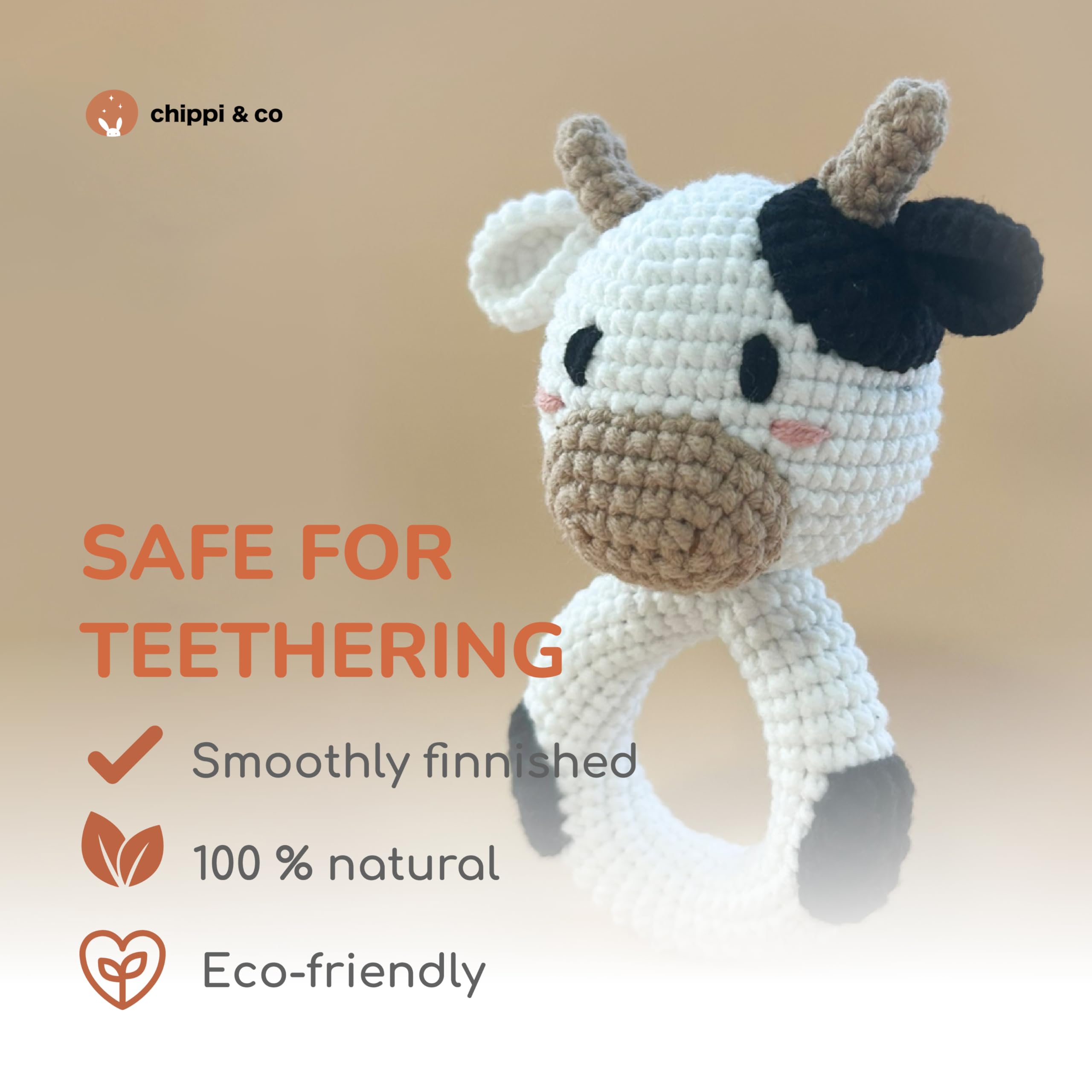 Organic Crochet Baby Rattle Toy - Handmade Stuffed Cow for Newborns, Perfect Baby Shower Gift for Boys & Girls