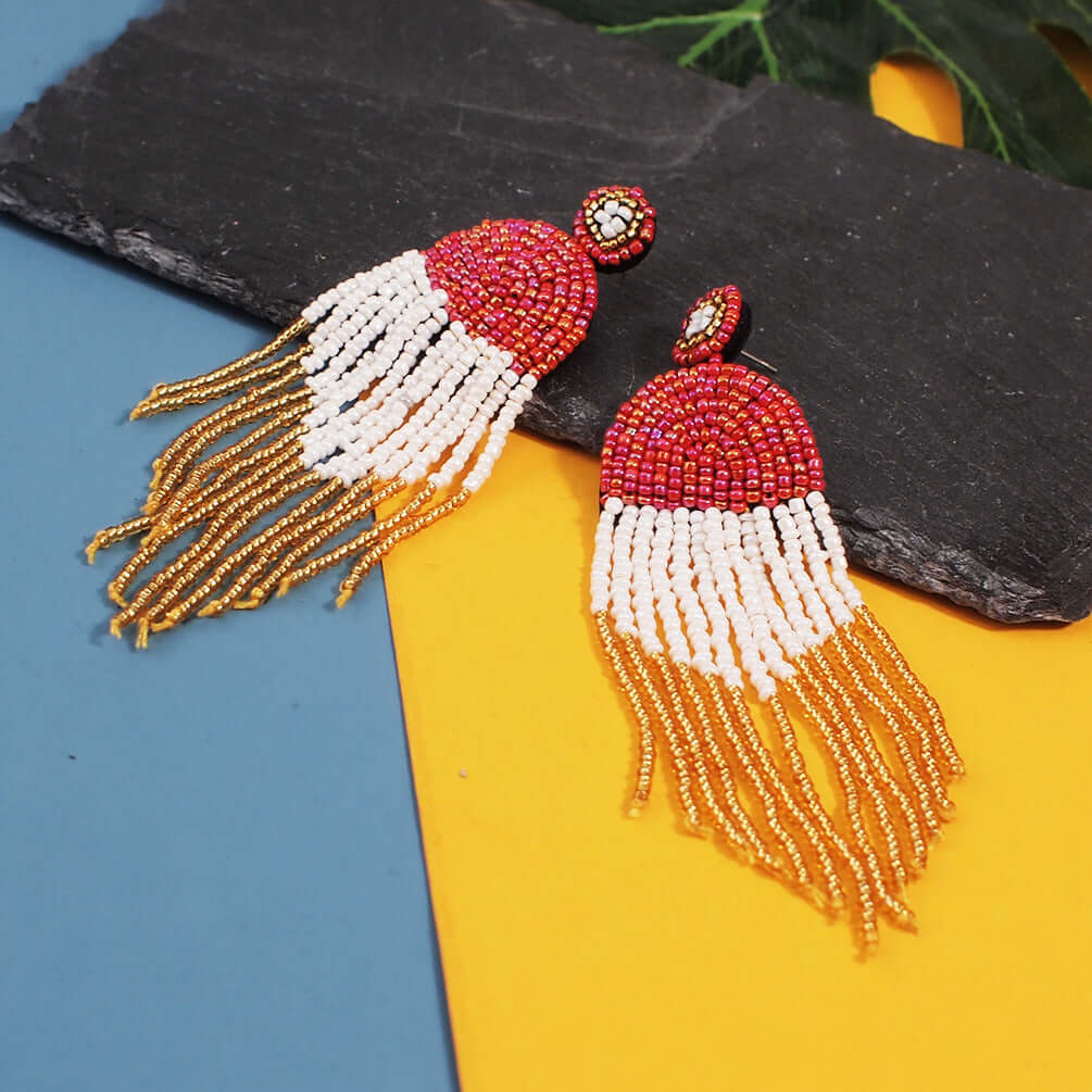 Bohemian Color Seed Beads Tassel Fringe Earrings for Women | Handmade Dangle Earrings with Natural Stones | Perfect for Festivals, Parties and Boho Fashion (Style E68671)