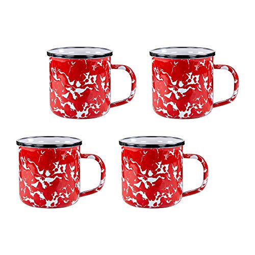 Vintage Red Swirl Enamel Coffee Mugs - Set of 4 (12 oz Each) - Durable Camping & Picnic Cups for Outdoor Adventures, Kitchen Use, and Gift Giving
