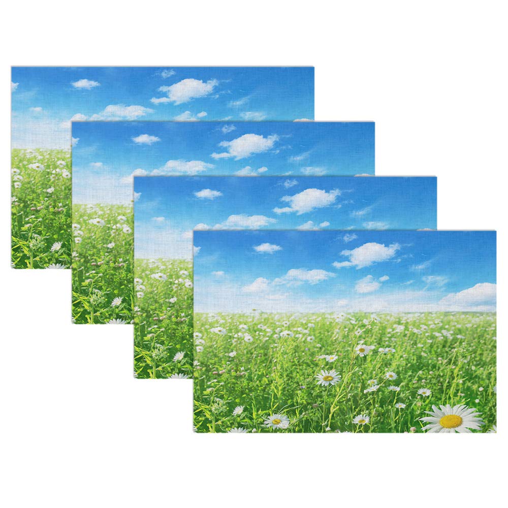 Swono Daisy Flower Placemats Set of 4 - 12x18 Inch Spring Floral Table Mats with Daisy Field & Blue Sky Design - Waterproof Kitchen Dining Table Decor for Home, Party & Outdoor Picnic Use