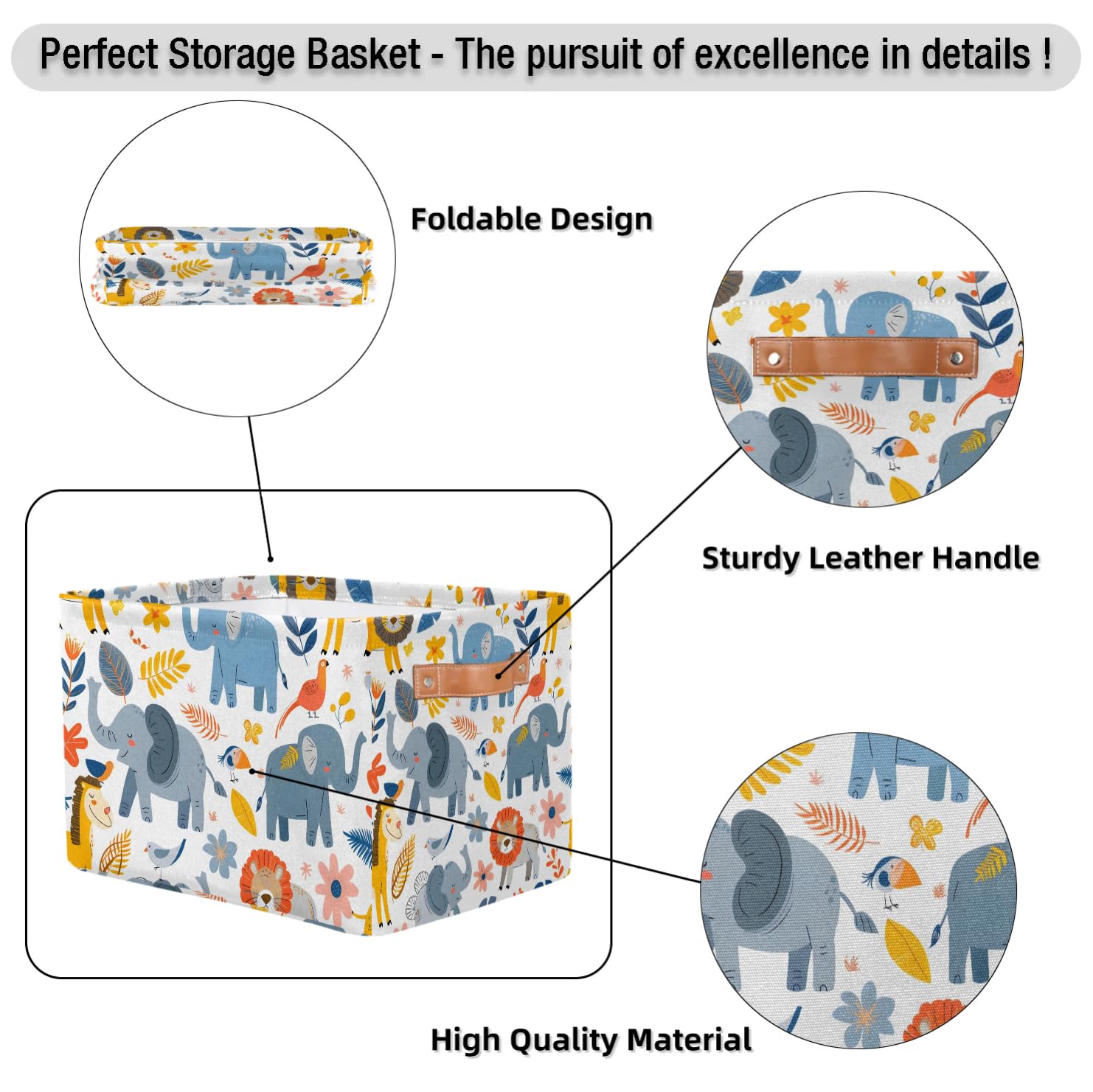 Cartoon Elephant Fabric Storage Bins with Handles - Large Decorative Collapsible Baskets for Shelves & Closet Organizers (2-Pack) - Perfect for Home Organization, Clothes, Toys & Nursery Storage