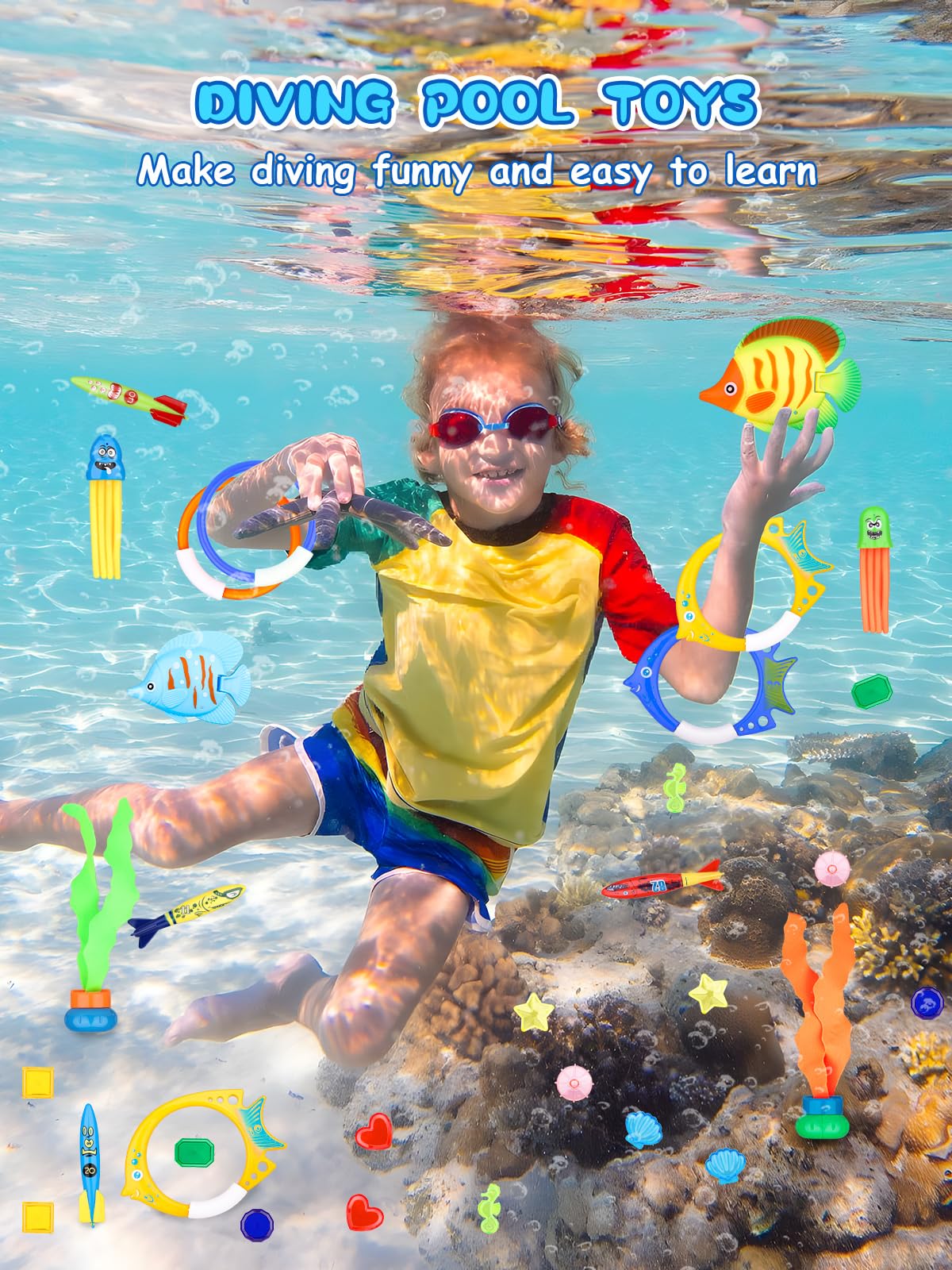 36Pcs Pool Toys for Kids Ages 3-12 - Underwater Diving Set with Torpedoes, Seaweed, Diamonds & Rings - Fun Summer Swim Pool Games for Boys and Girls - Perfect for Backyard Pools, Beach Parties & Swimming Lessons