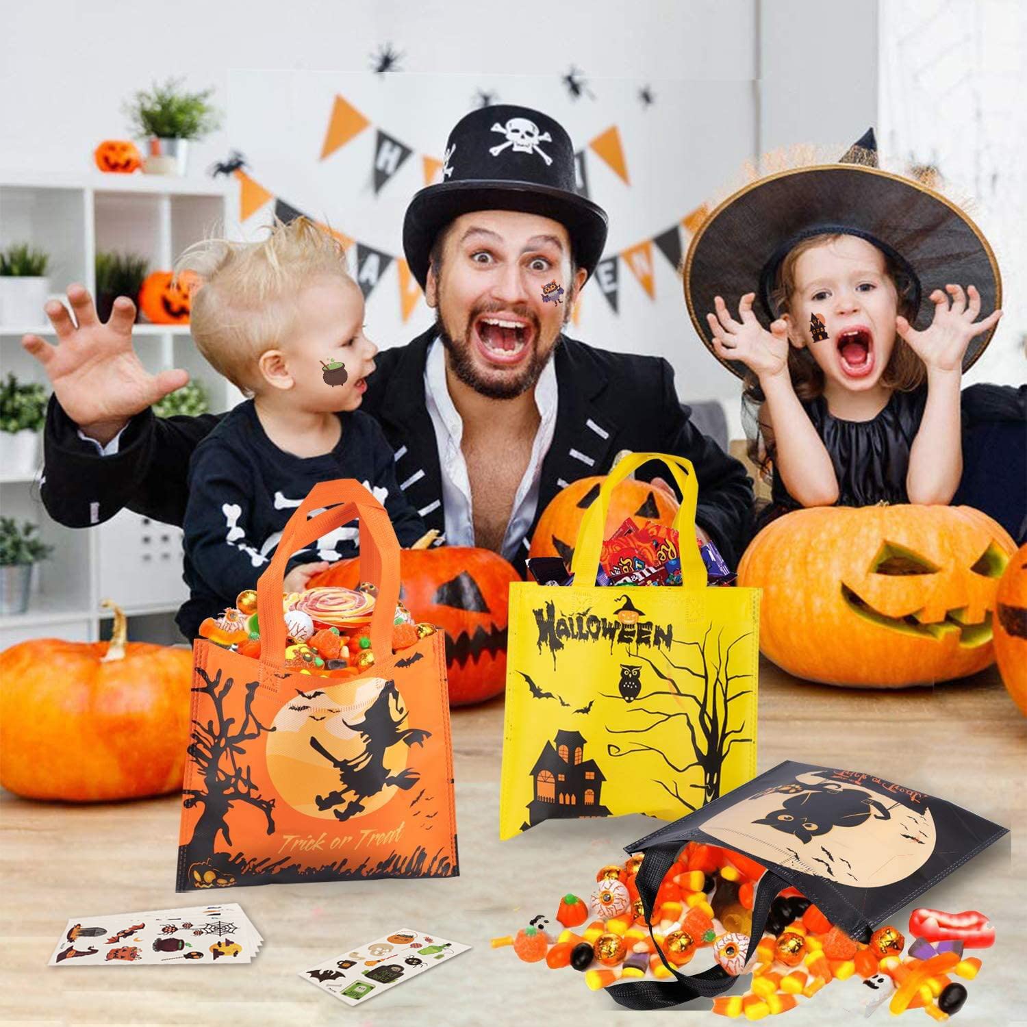 30 Pack Halloween Treat Bags - Reusable Non-Woven Tote Gift Bags for Kids Trick or Treat with 54 pcs Temporary Tattoos | Halloween Party Favors, Candy Bags & Goodie Bags (6 Fun Patterns) - Perfect for Classroom Treats, Neighborhood Trick-or-Treating & Halloween Party Supplies