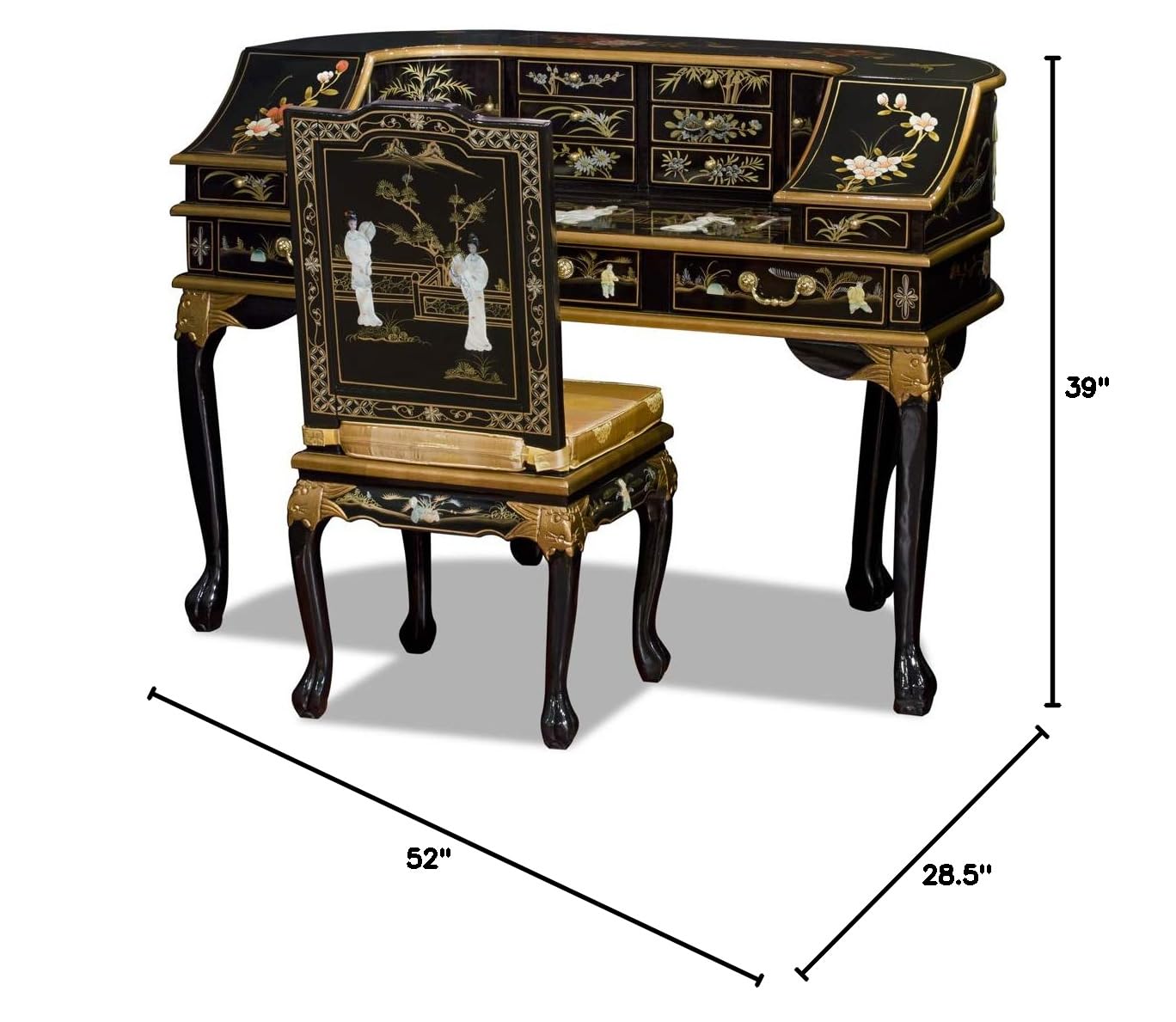 Elegant Black Lacquer Oriental Desk Set with Mother of Pearl Inlay - Harpsichord Style Writing Desk for Home Office & Study Room Decor