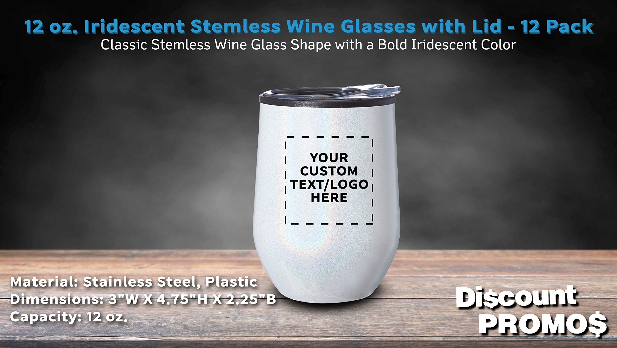 Custom Palmera Stemless Wine Tumblers with Lids - 12 oz Set of 12, Personalized Bulk Pack - Iridescent White - Perfect for Wine, Cocktails, Hot & Cold Beverages - Great for Parties, Weddings, Gifts & Home Entertaining