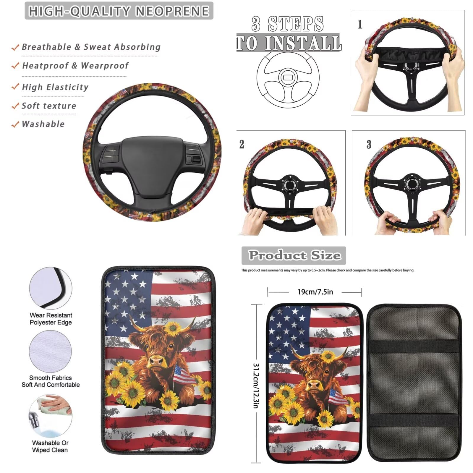 American Flag Polyester Steering Wheel Cover - 15 Inch for Comfortable Driving