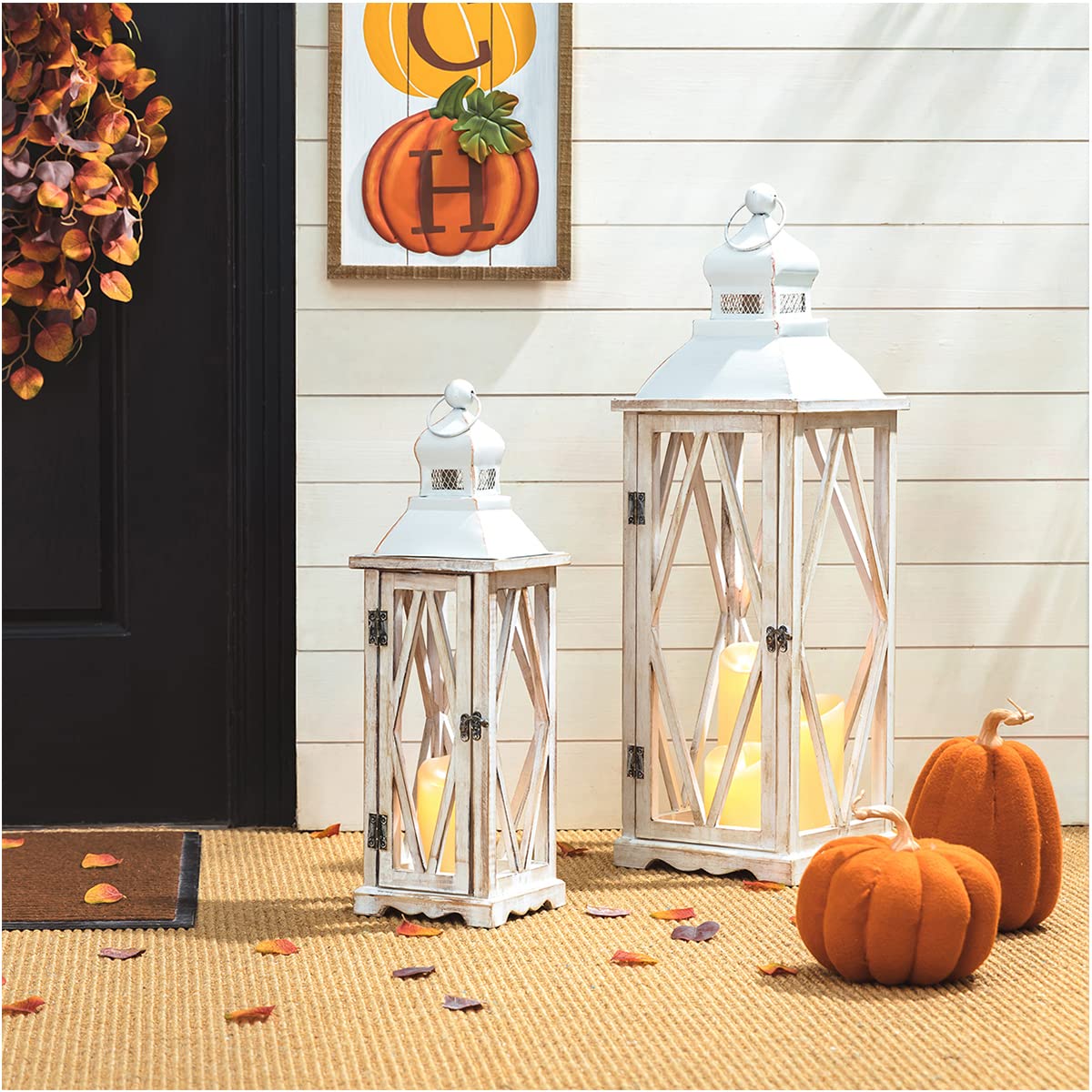 Glitzhome Farmhouse White Wood and Metal Hanging Candle Lanterns - Set of 2 Rustic Home Decor for Indoor/Outdoor, Patio, Garden, Wedding & Holiday Decorations