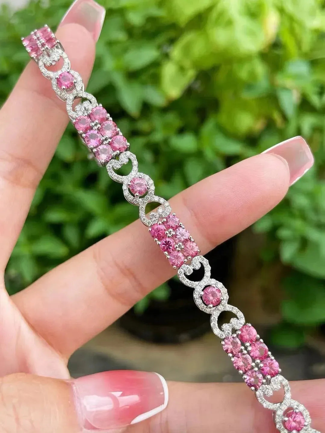 18K White Gold Natural Pink Spinel Bracelet with Diamonds - Classic Luxury Genuine Fine Jewelry for Women | Perfect for Weddings, Parties & Special Occasions | Free Shipping