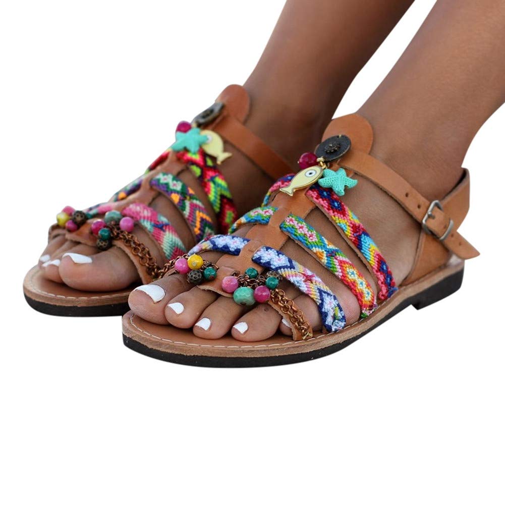 Women's Platform Sandals - Boho Cross Summer Flat Shoes with Beaded Design | Comfortable Casual Beach Sandals for Walking, Travel & Vacation Outfits