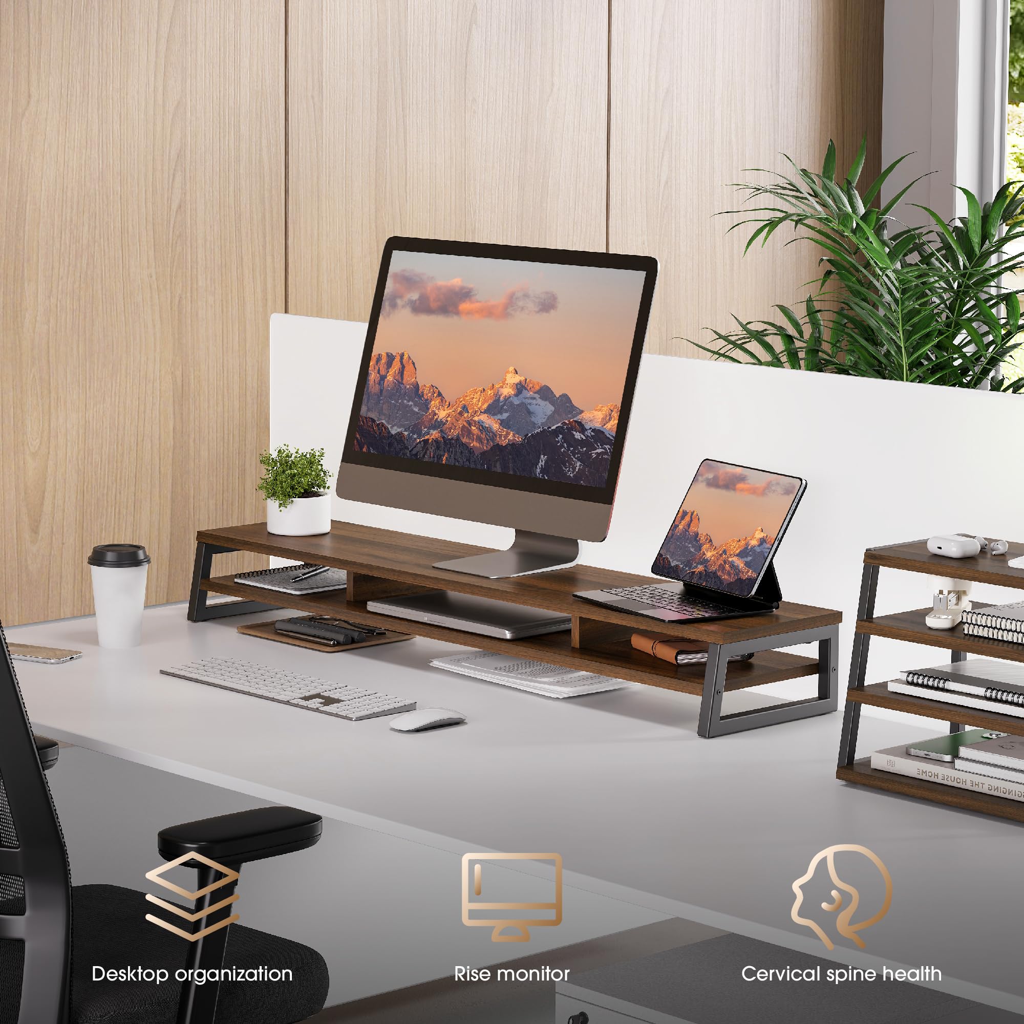 Dual Monitor Stand Riser for Desk - 42.5 Inch Large 2-Tier Monitor Shelf for 2 Screens, Laptop, PC & Printer | Space-Saving Office Desk Organizer for Home & Work Setup