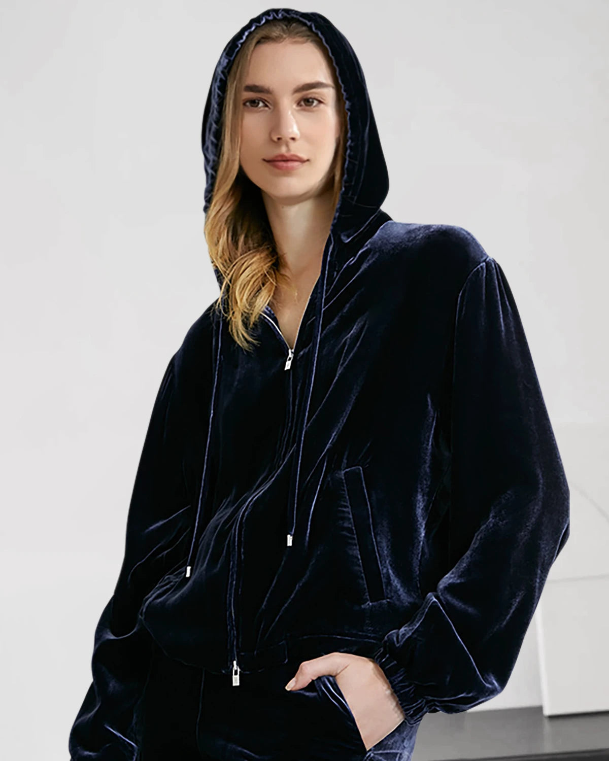 Silk Velvet Zip Up Hooded Pajamas for Women - Soft Luxurious Sleepwear Set with Pockets - Cozy Loungewear for Winter Nights & Relaxing at Home