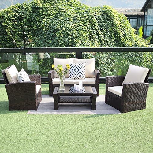 4-Piece All-Weather Wicker Patio Furniture Set - Outdoor Rattan Sectional Sofa with Cushions & Coffee Table - Brown Conversation Set for Balcony, Garden, Backyard - Perfect for Relaxing, Entertaining & Outdoor Dining