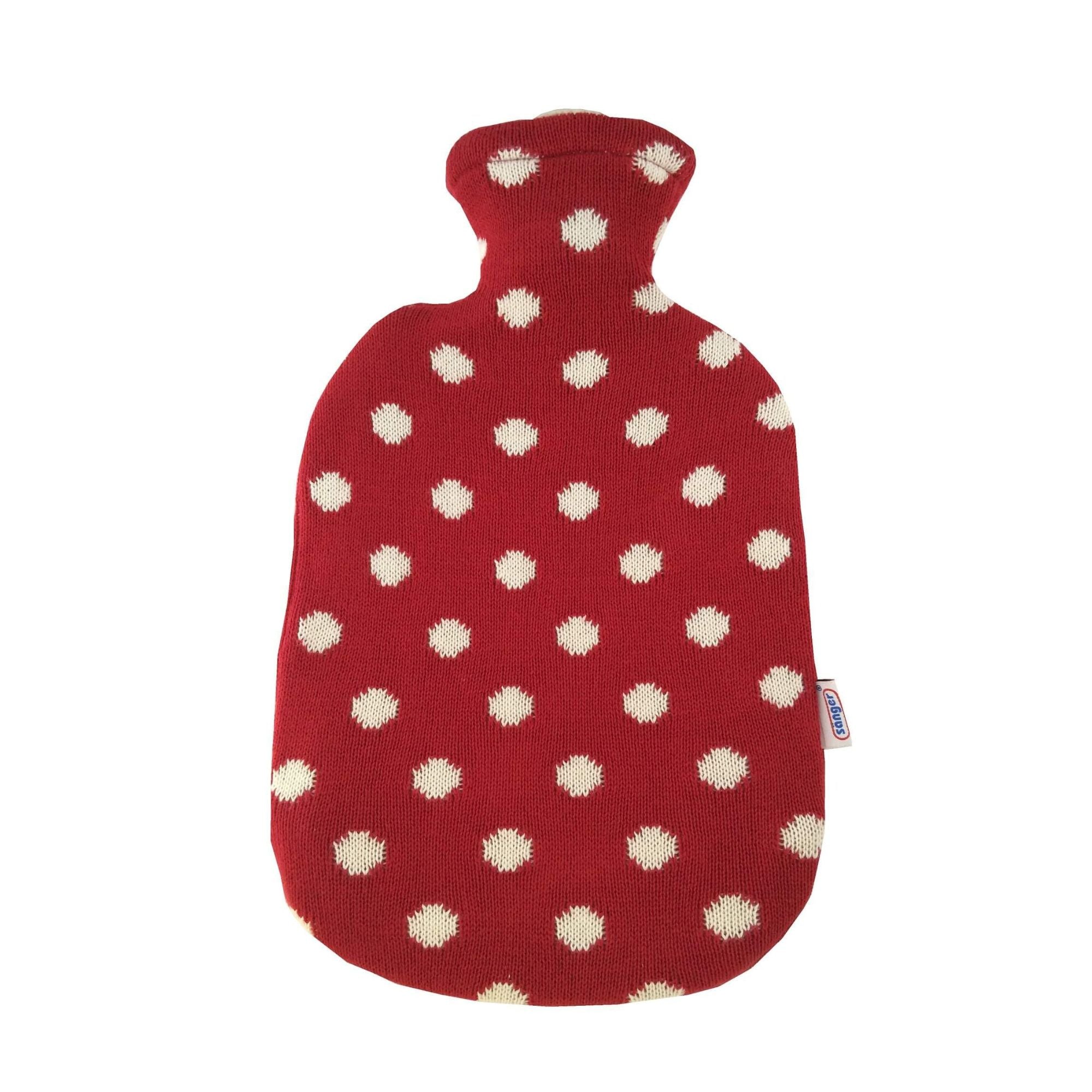2 Liter Sanger Hot Water Bottle with Knitted Red Polka Dot Cotton Cover - Warm & Cozy Pain Relief for Cramps, Backache - Perfect for Winter Nights, Bed Warming & Relaxation