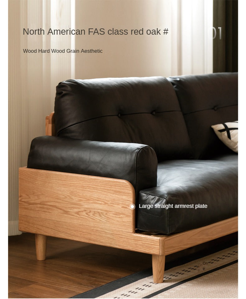 Premium Oak Solid Wood High Back Sofa with Genuine Leather & Fabric Upholstery - Modern Living Room Furniture for Home & Office Comfort