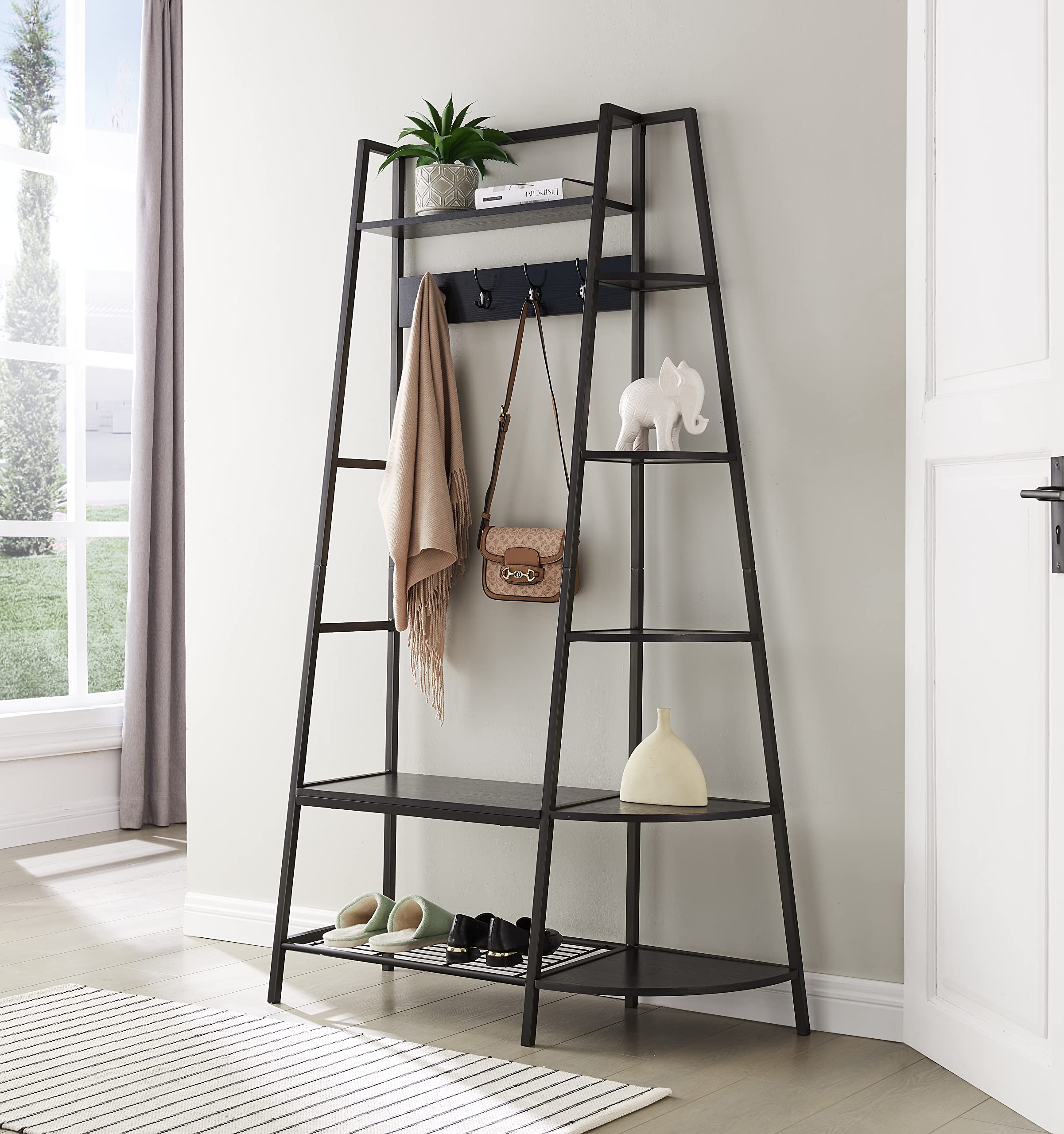 Kings Brand Wooden Hall Tree with Storage Bench, Coat Rack & 5 Shelves - Entryway Organizer with Shoe Storage Hooks - Pewter Finish Corner Bench for Home Decor - Perfect for Mudroom, Foyer & Small Space Organization
