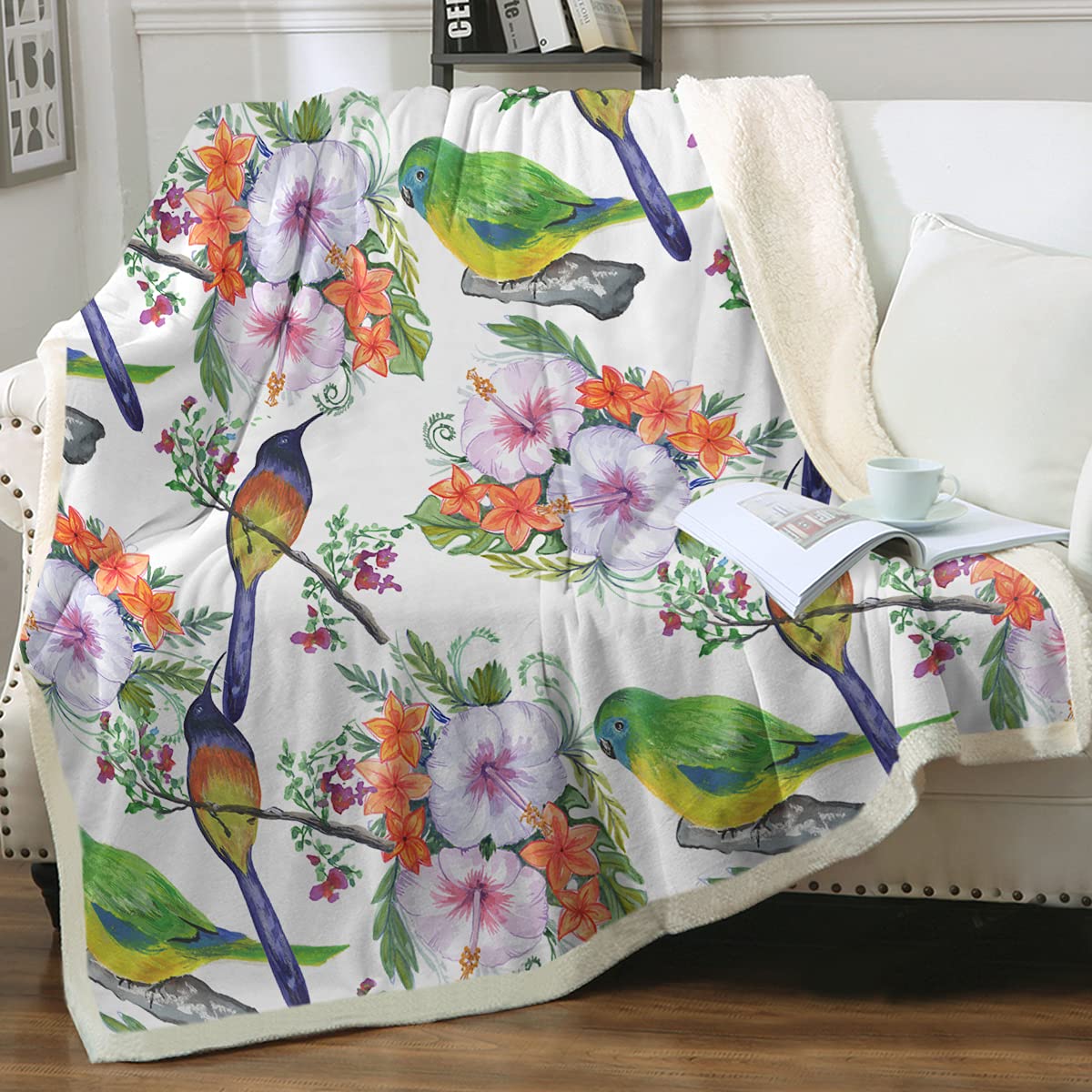 Sleepwish Tropical Flowers Sherpa Throw Blanket - Reversible Floral Plush Fleece Blanket for Bed & Couch - Watercolor Bird Print Design (50x60 Inches) - Perfect for Cozy Nights, Sofa Decor & Gift Giving
