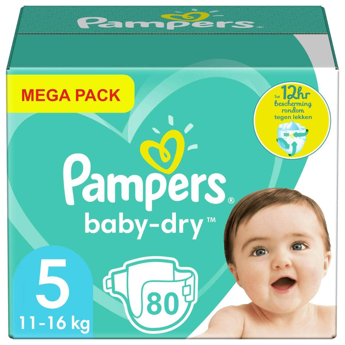 Pampers Baby Dry Diapers Size 5 (11-16kg) - 80 Count - Ultra Absorbent for Overnight Protection - Perfect for Active Toddlers at Daycare or Home