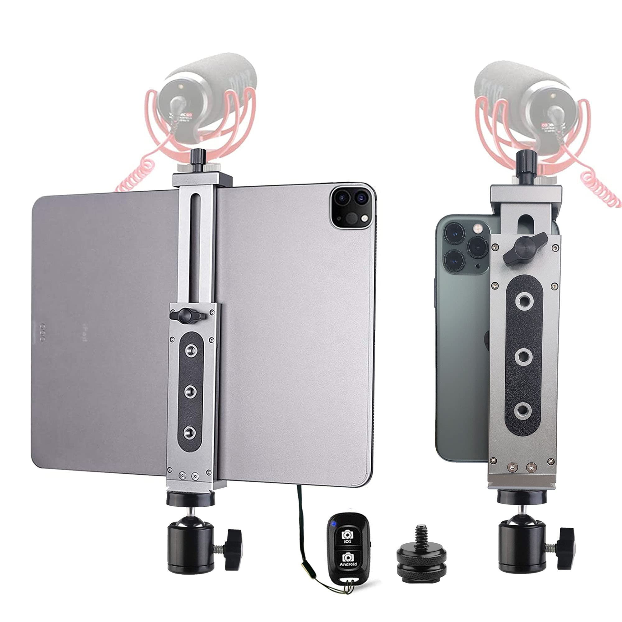 Universal Aluminum Tripod Mount Adapter with Cold Shoe & Bluetooth Shutter - Compatible with iPad Pro 12.9/11/10.5, iPad Air/Mini, Surface, Galaxy Tab & 3.5-13.5